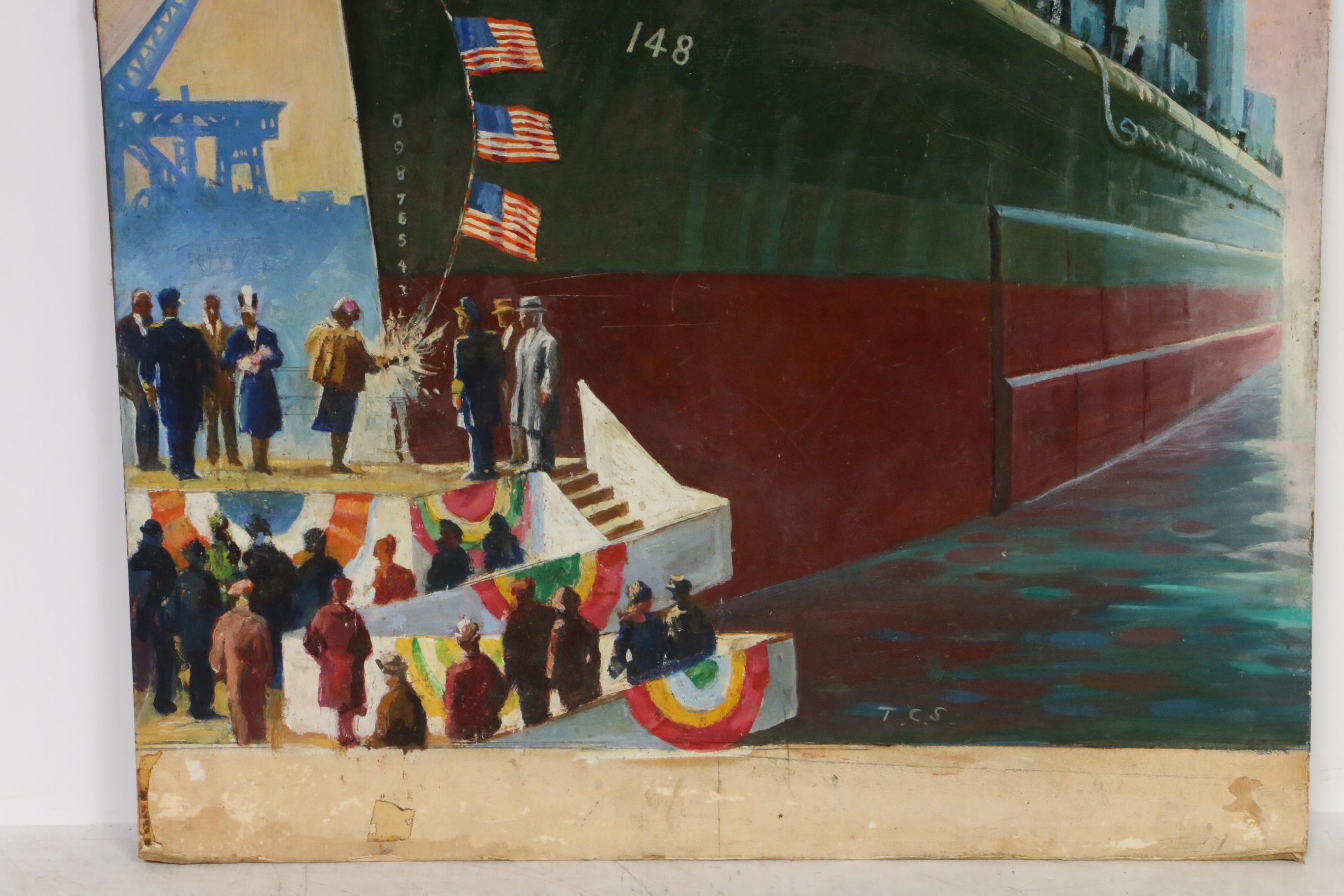 Oil Painting of USS Newport News Christening, Mid 20th Century