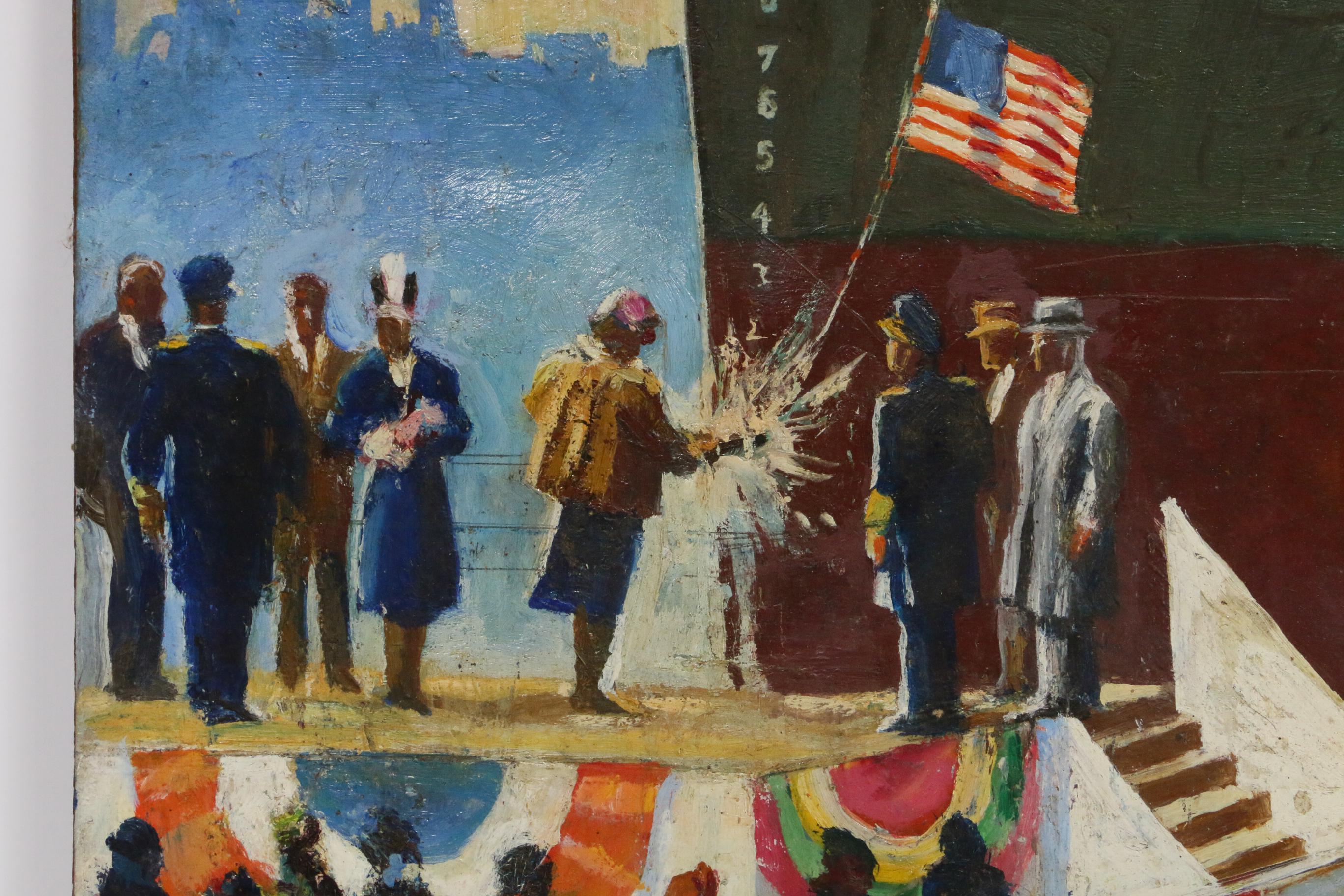 Oil Painting of USS Newport News Christening, Mid 20th Century