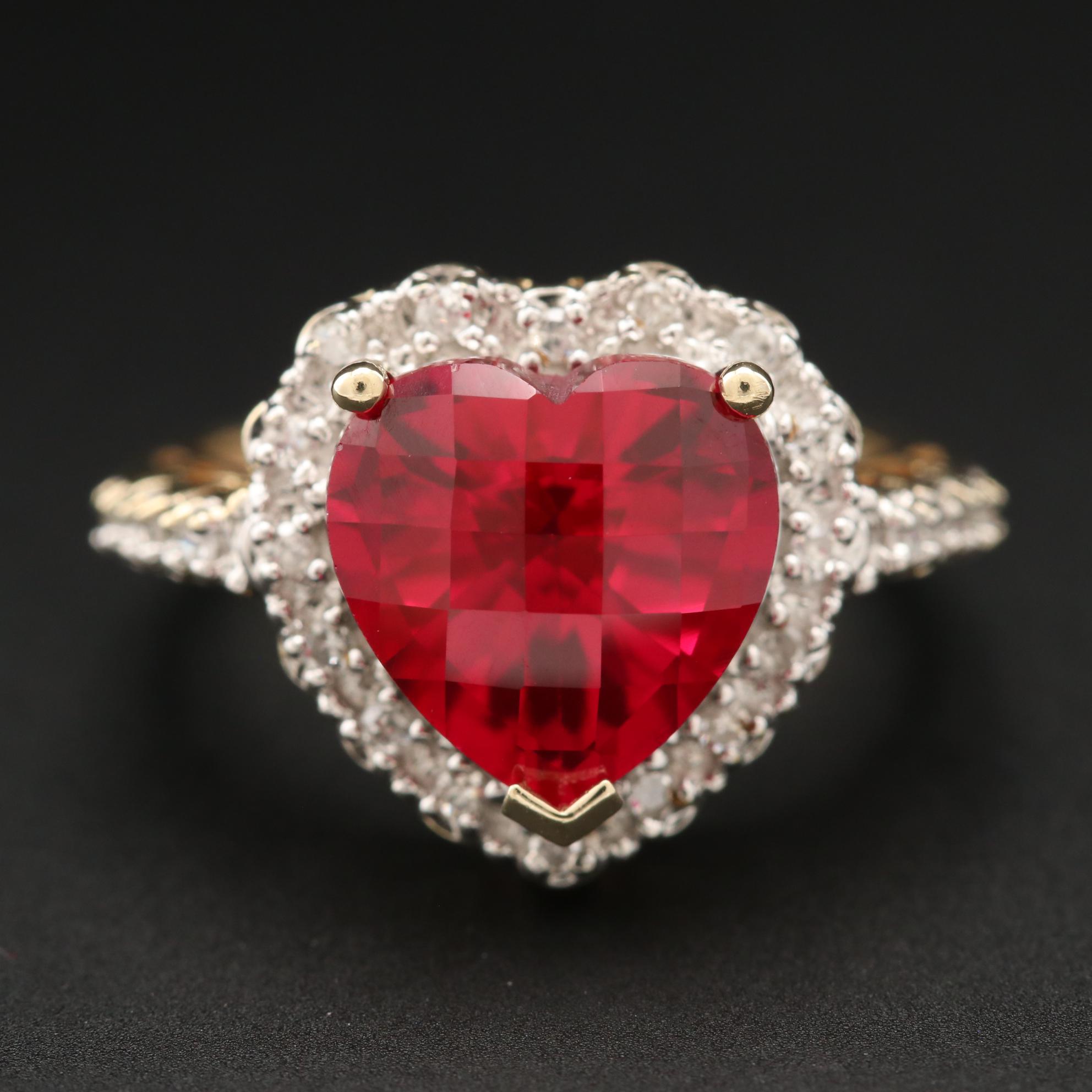 10K Yellow Gold Ruby and Diamond Heart Motif Ring