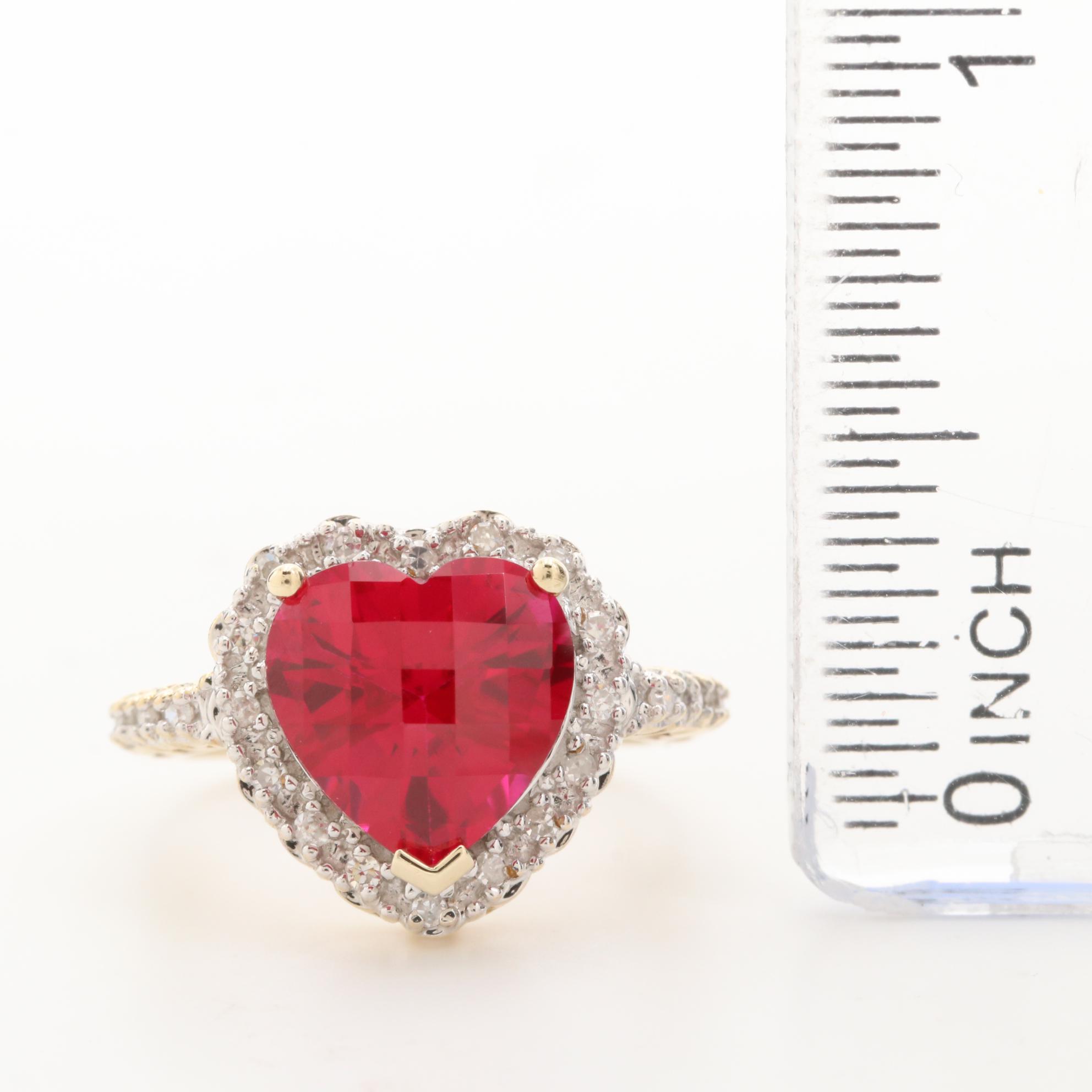 10K Yellow Gold Ruby and Diamond Heart Motif Ring