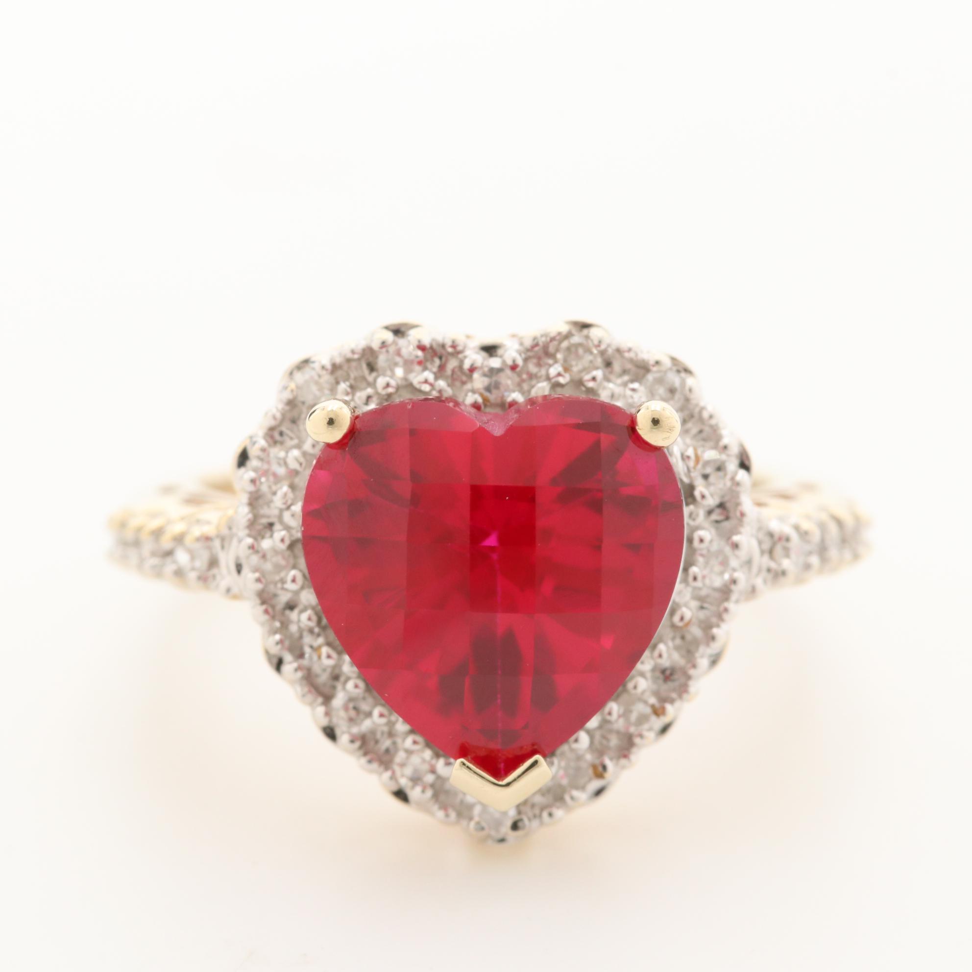 10K Yellow Gold Ruby and Diamond Heart Motif Ring