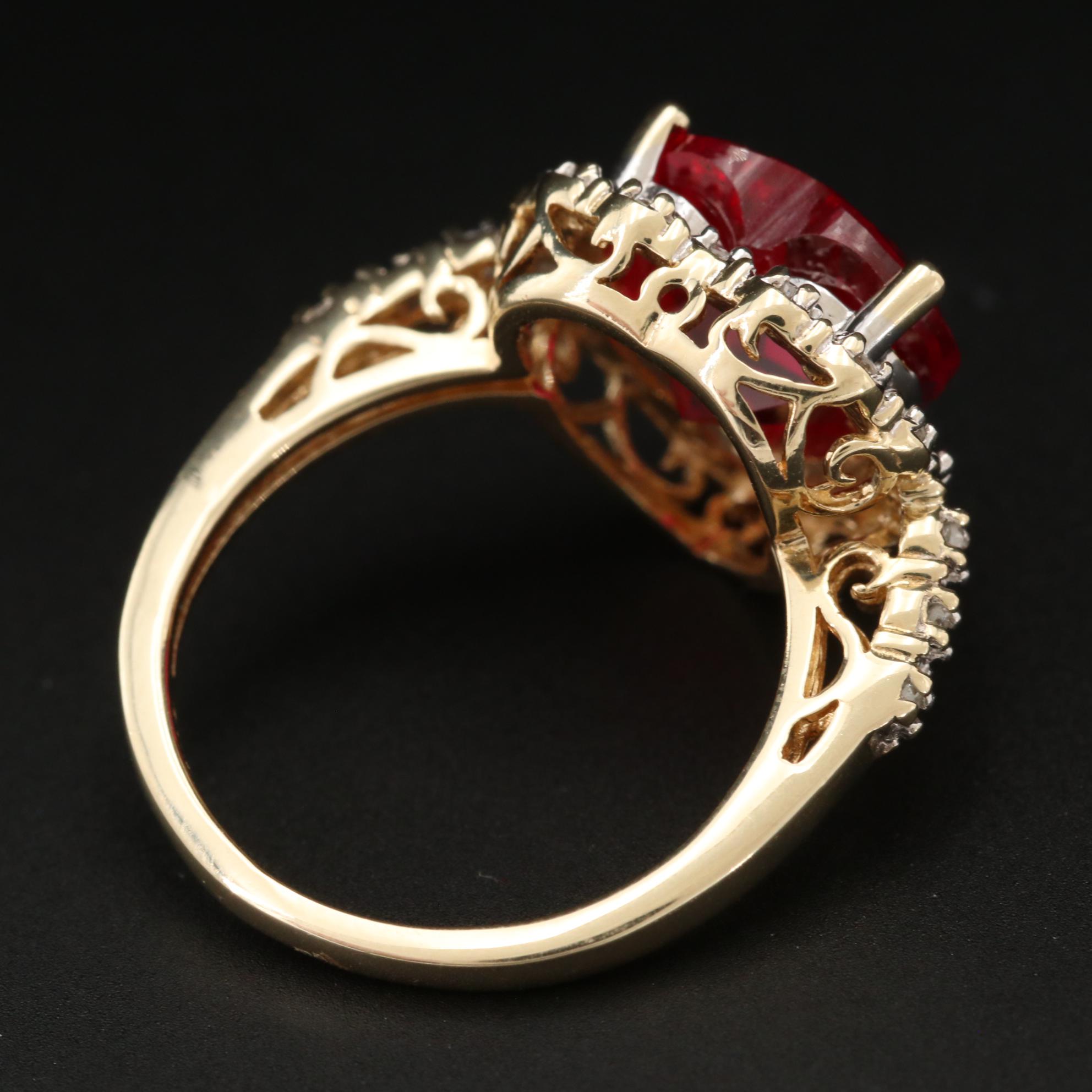10K Yellow Gold Ruby and Diamond Heart Motif Ring
