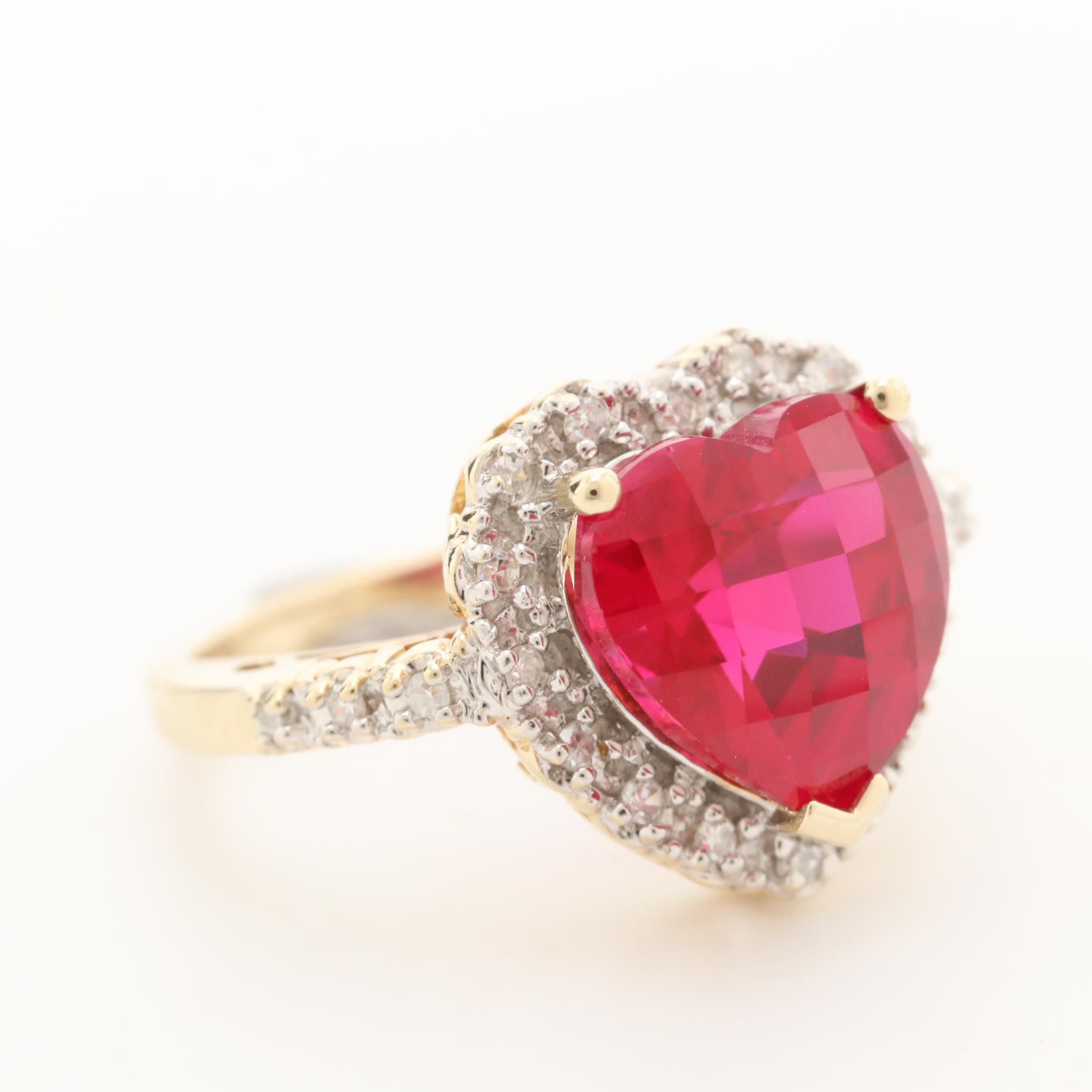 10K Yellow Gold Ruby and Diamond Heart Motif Ring