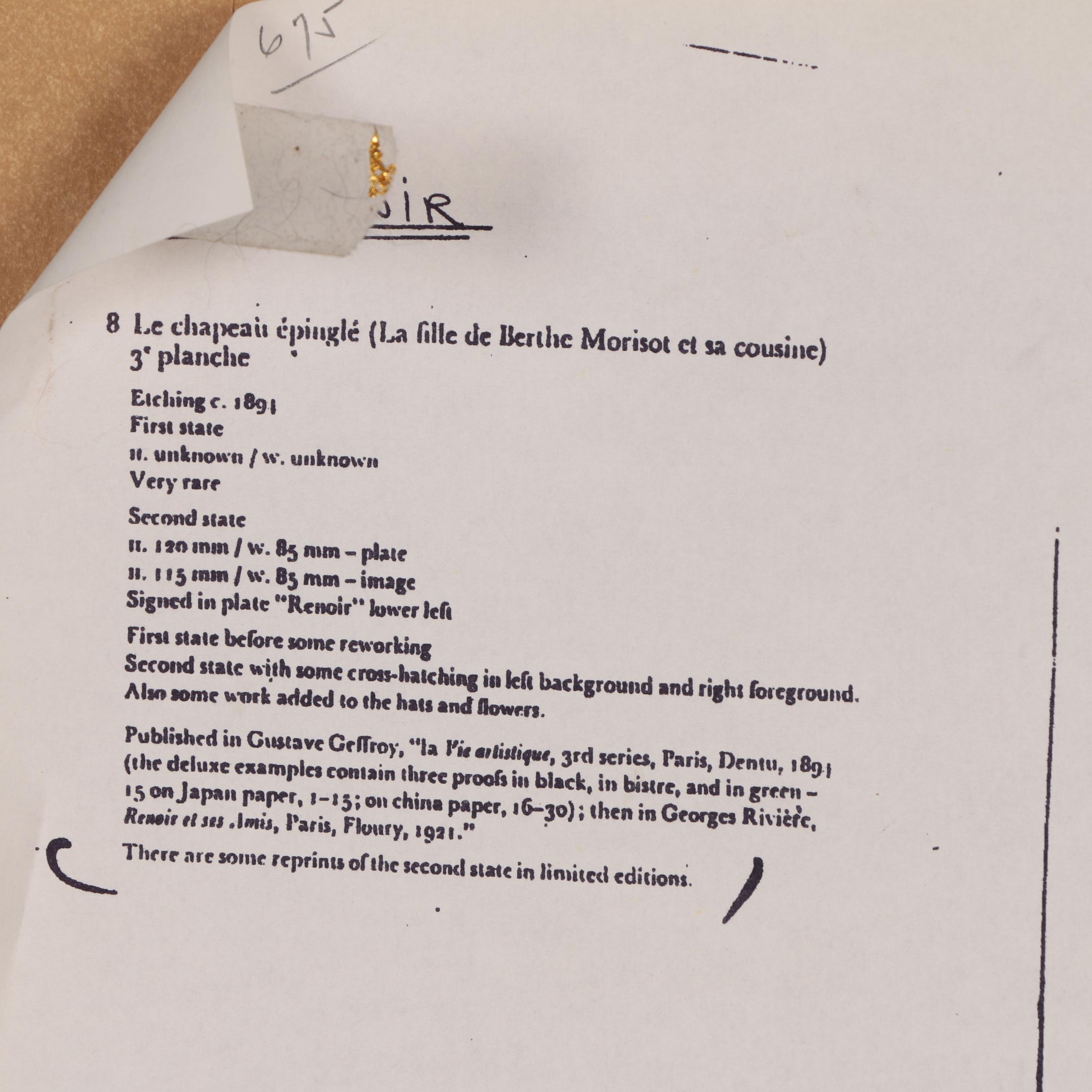 Pierre Auguste Renoir Restrike Etching "Le Chapeau Épinglé"