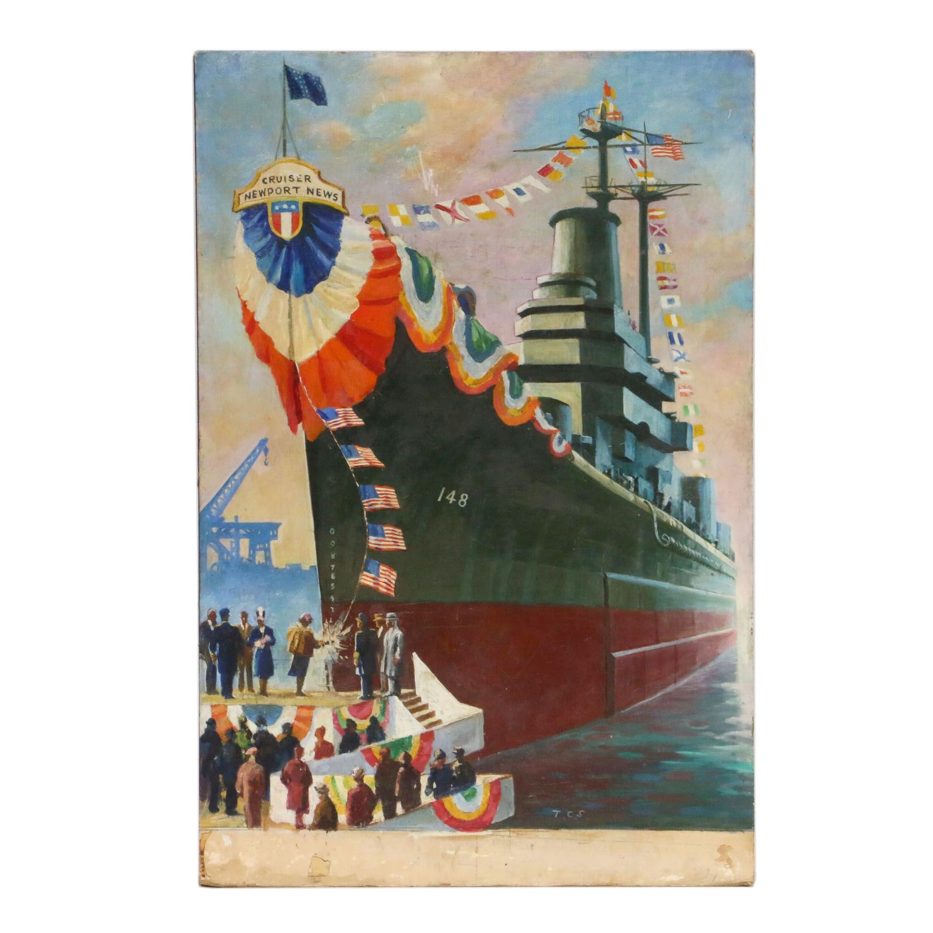 Oil Painting of USS Newport News Christening, Mid 20th Century