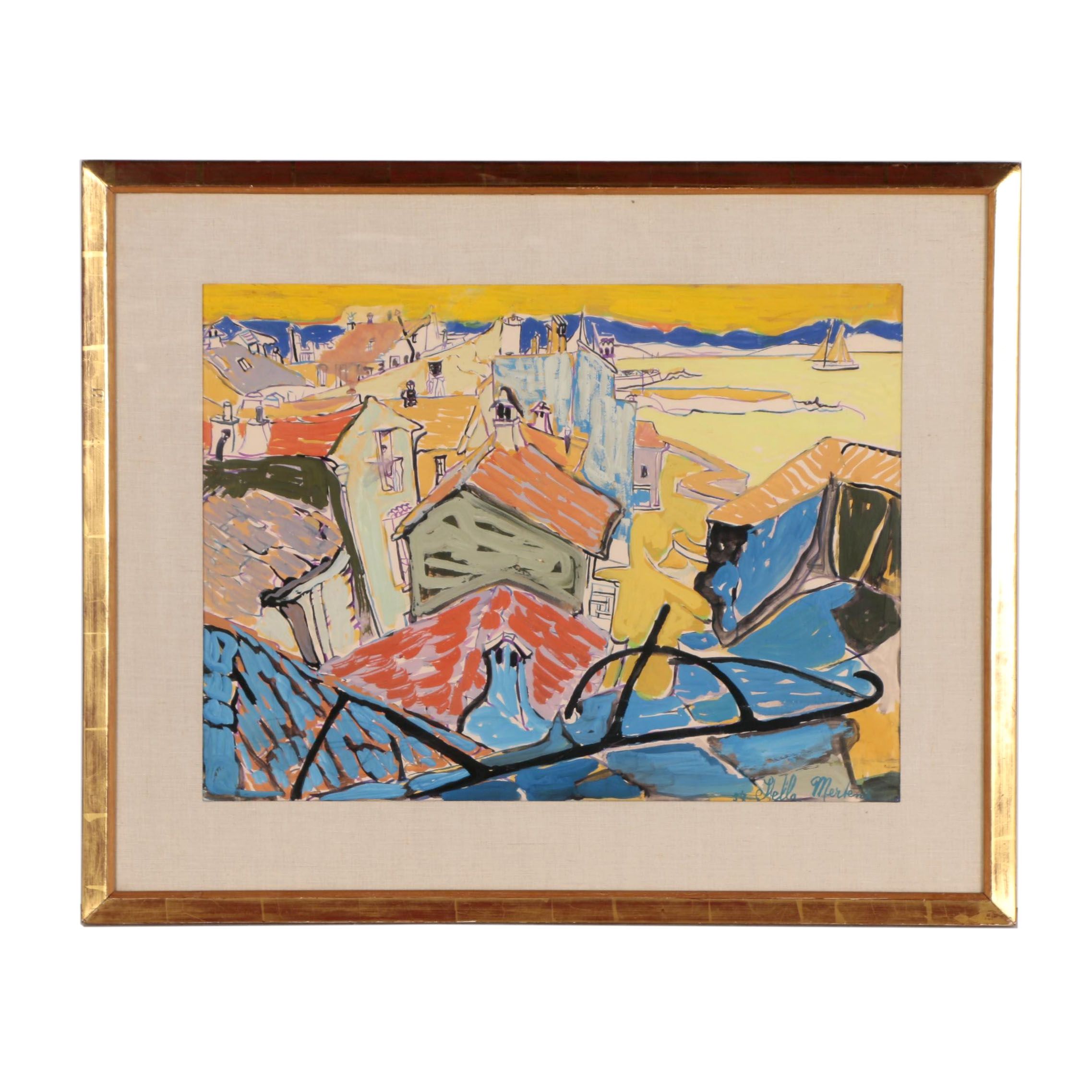 Stella Mertens Cityscape Gouache Painting, 1957