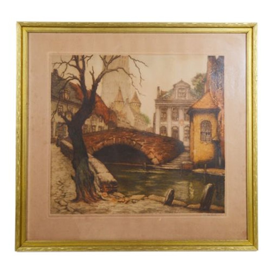 Hand Colored Etching After Alfred Van Neste of Bridge and Canal