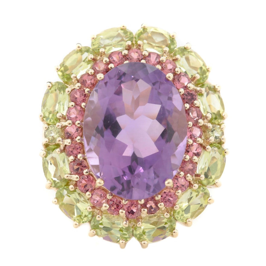 10K Yellow Gold 9.39 CT Amethyst, Pink Tourmaline and Peridot Ring