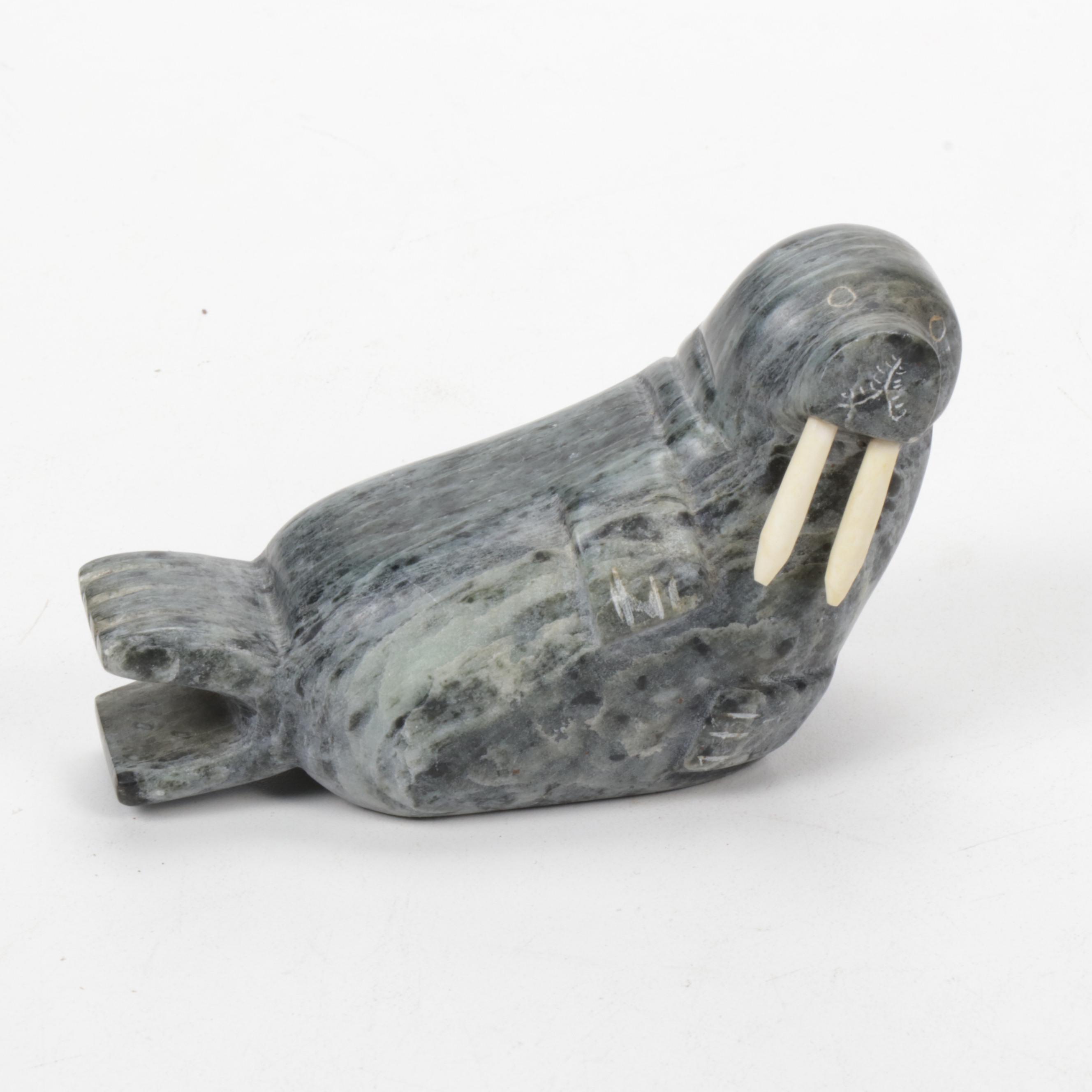 Herb Faucher Inuit Soapstone Walrus and Polar Bear Figurines, 1991-1992