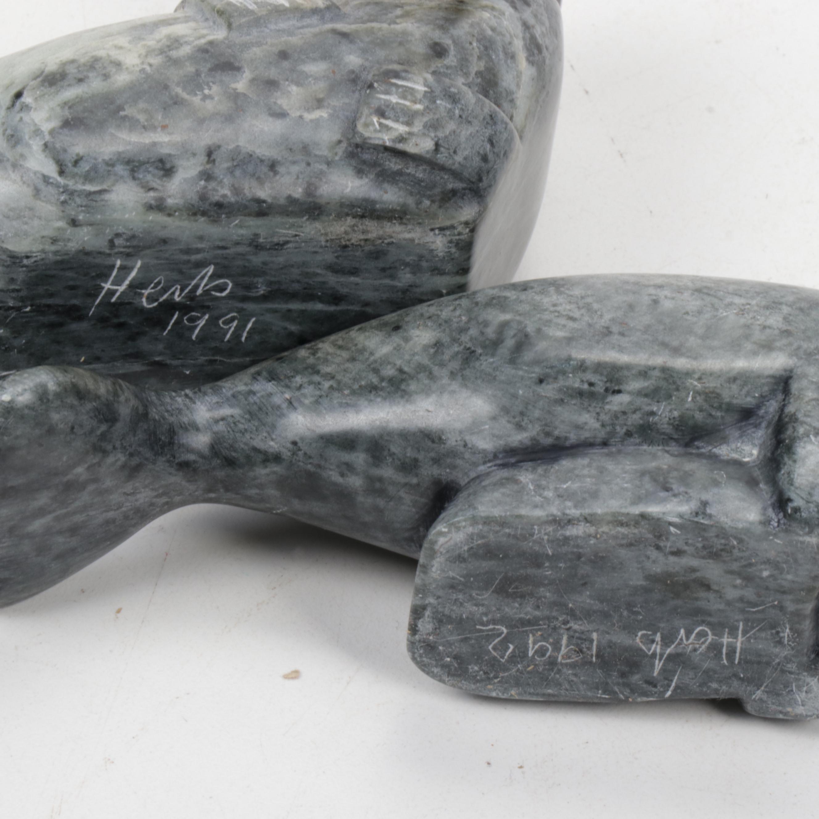 Herb Faucher Inuit Soapstone Walrus and Polar Bear Figurines, 1991-1992