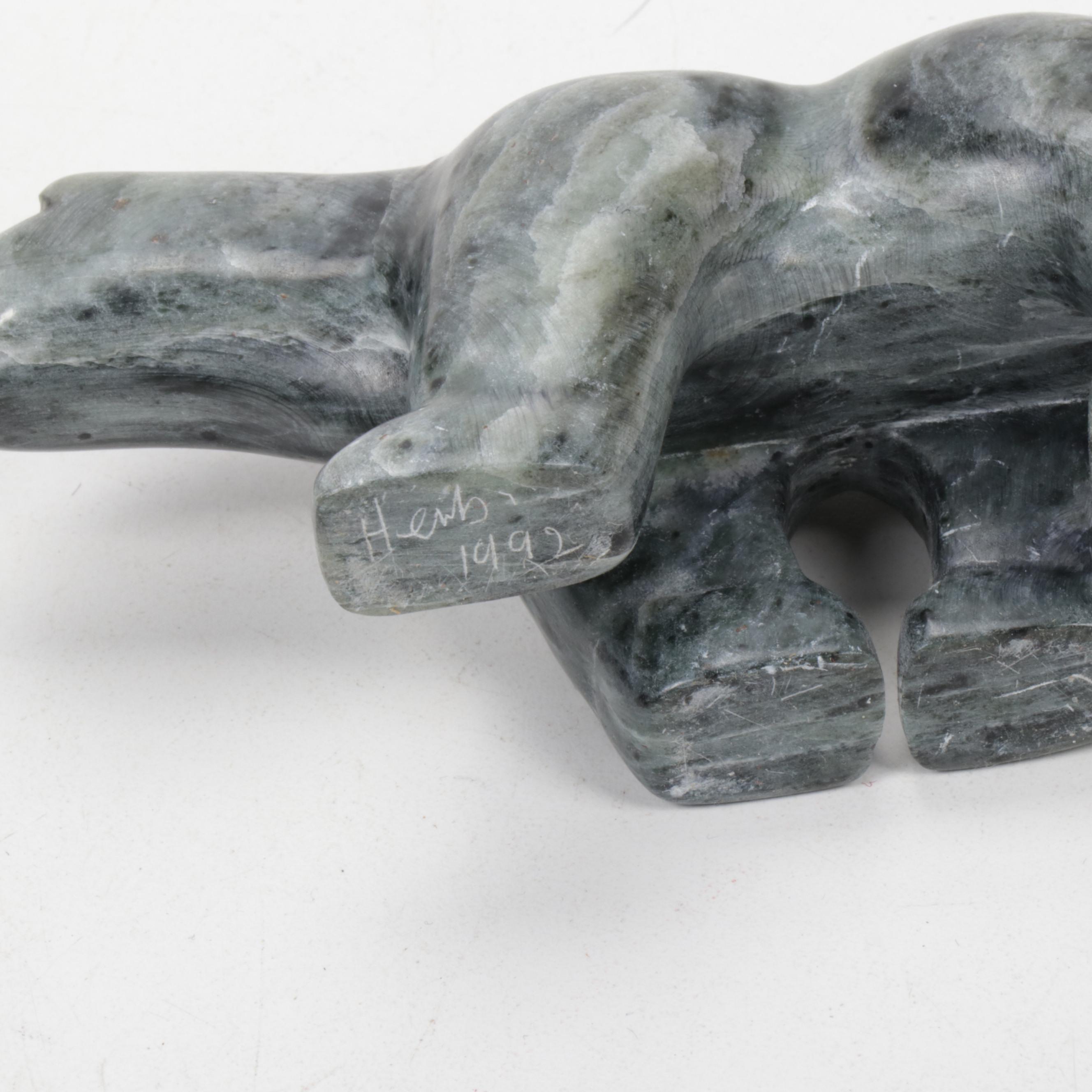 Herb Faucher Inuit Soapstone Walrus and Polar Bear Figurines, 1991-1992