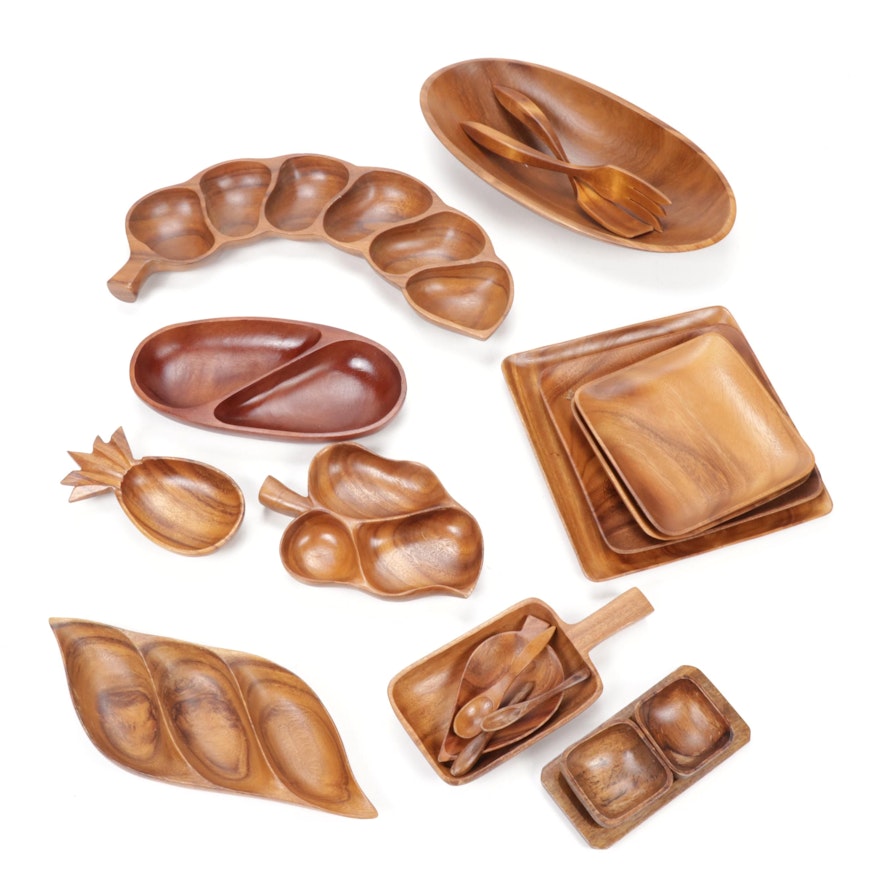 Monkeypod and Other Exotic Hardwood Table Accessories and Serveware, Mid-Century