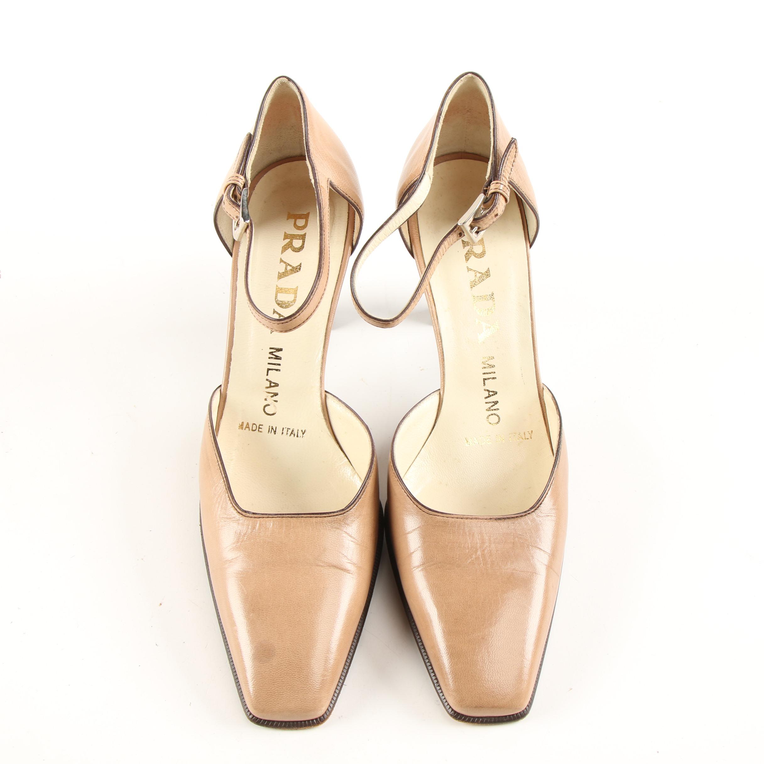 Prada Tan Leather Square-Toe D'Orsay Ankle Strap Heels
