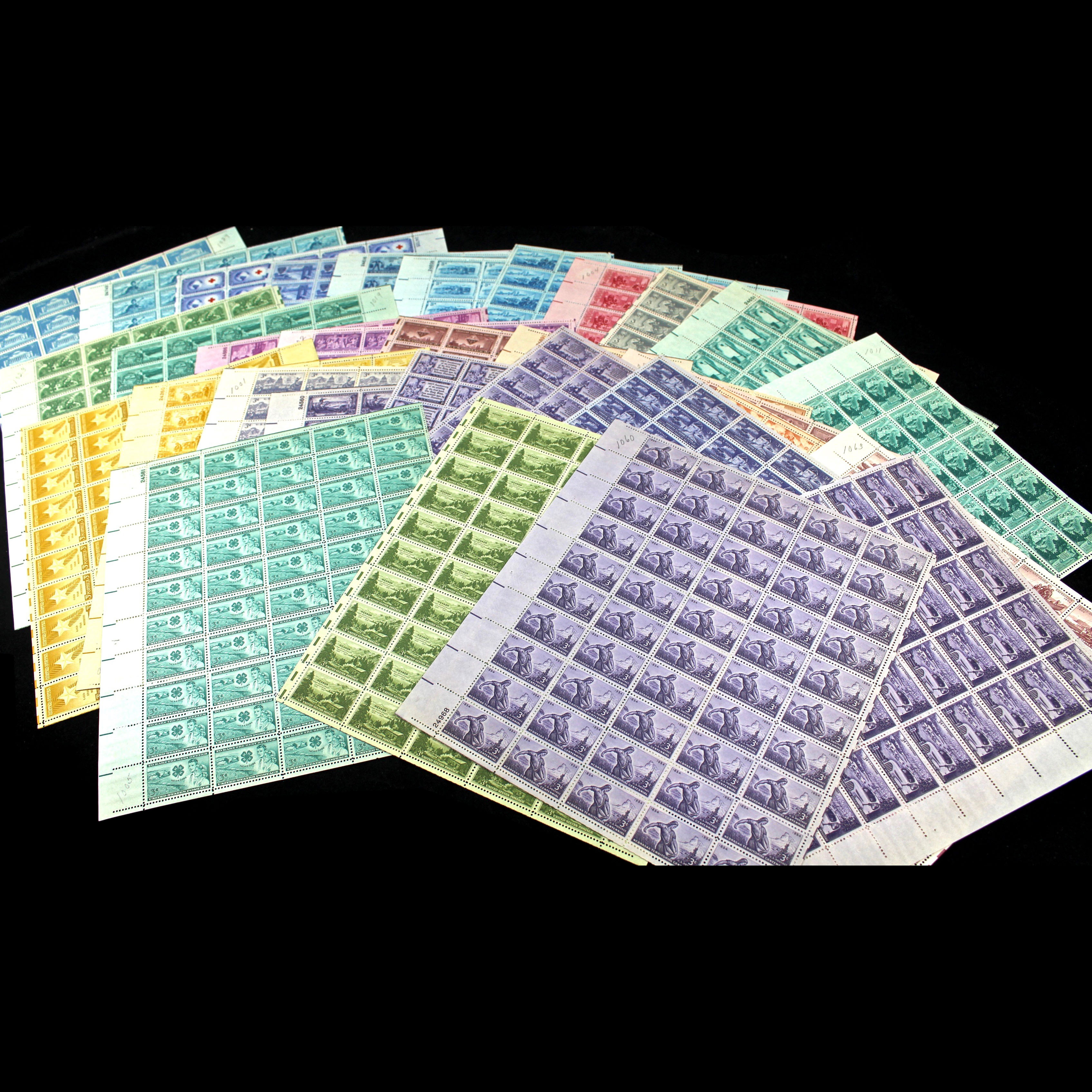 Fifty-Three Mint Sheets of Three Cent Stamps, 1940s and 1950s