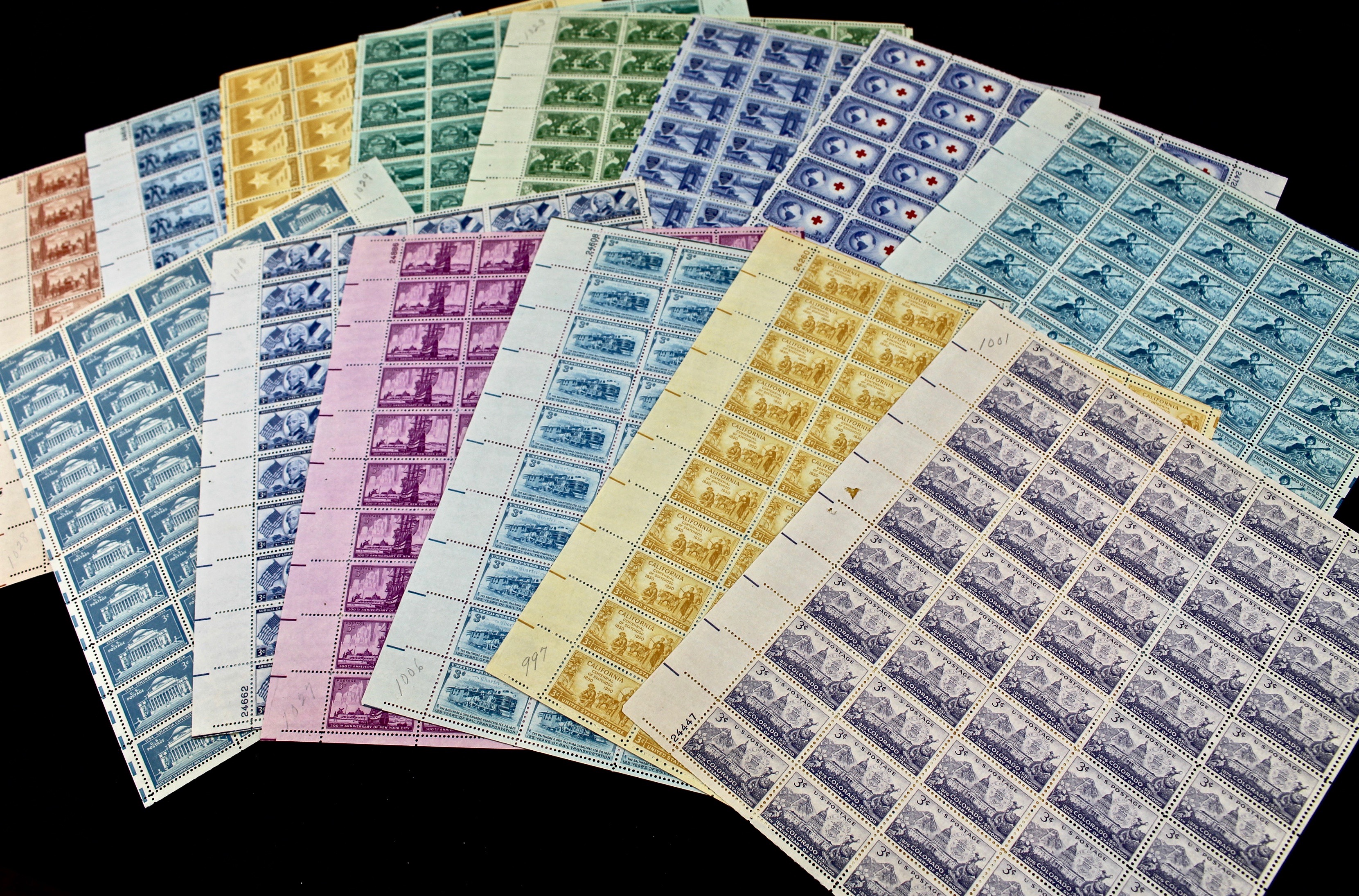 Fifty-Three Mint Sheets of Three Cent Stamps, 1940s and 1950s