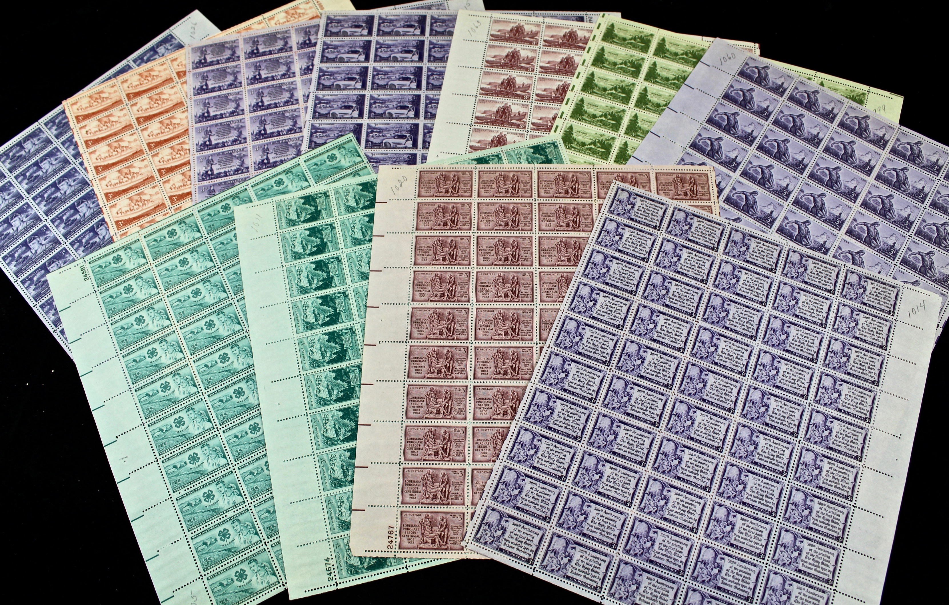 Fifty-Three Mint Sheets of Three Cent Stamps, 1940s and 1950s