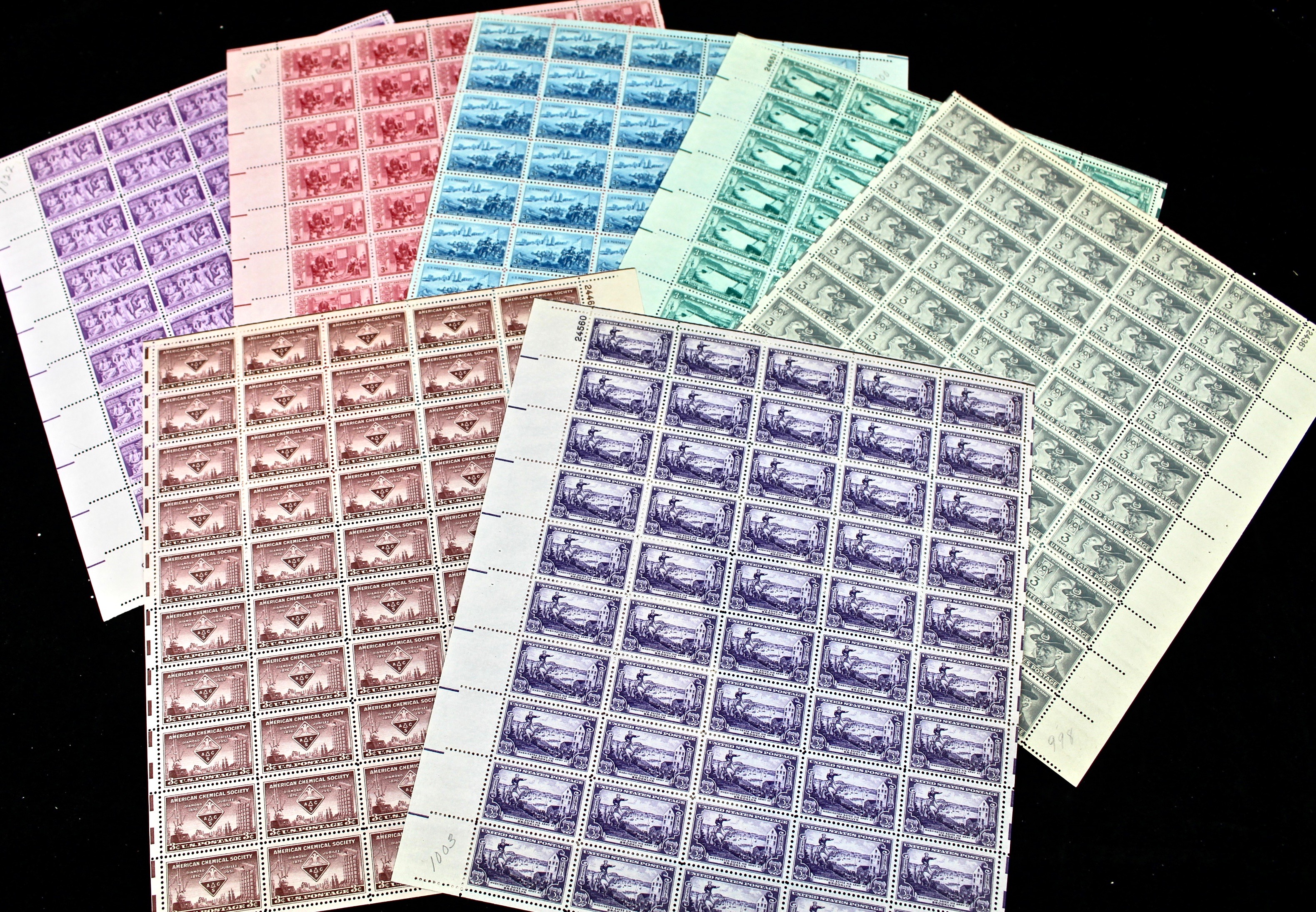 Fifty-Three Mint Sheets of Three Cent Stamps, 1940s and 1950s