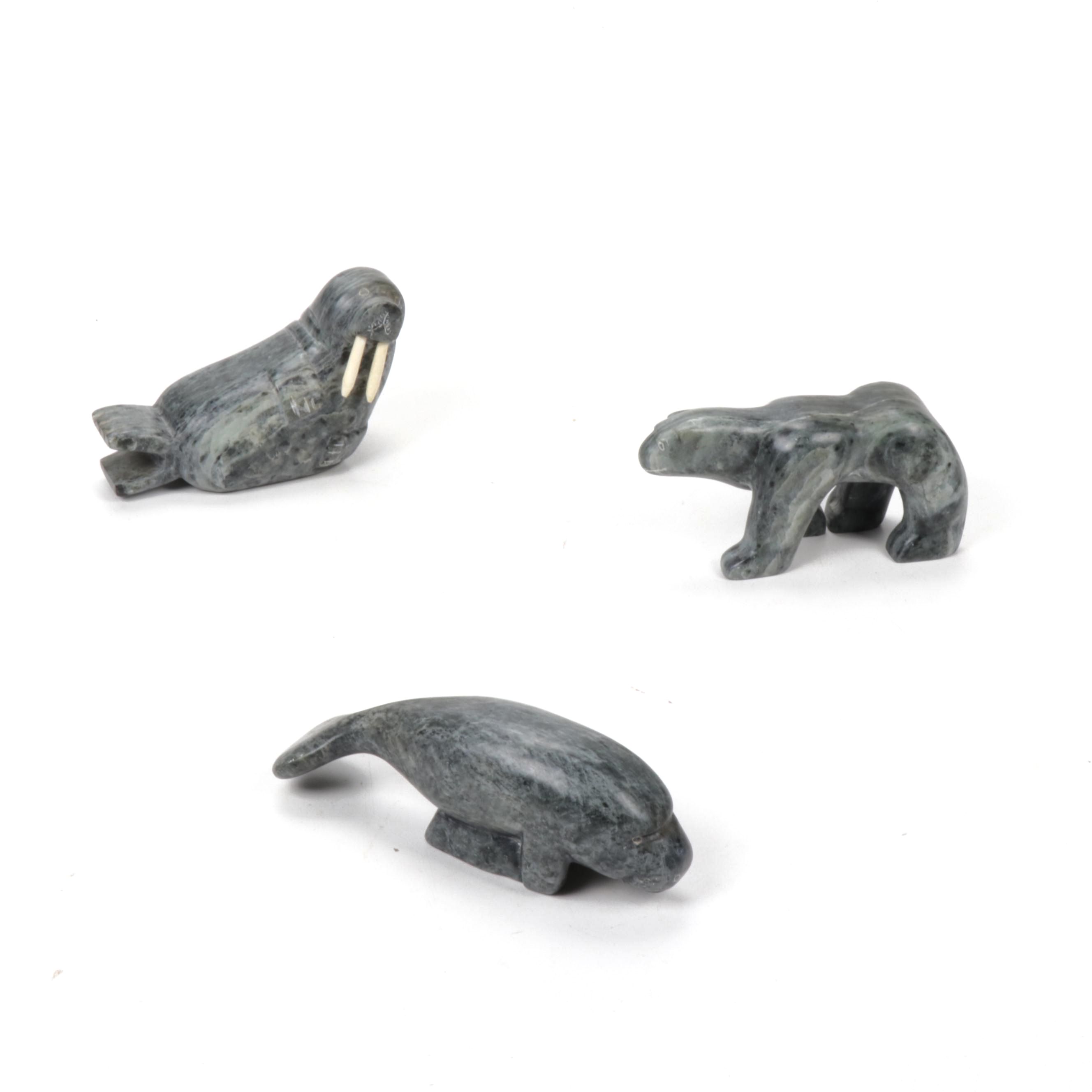 Herb Faucher Inuit Soapstone Walrus and Polar Bear Figurines, 1991-1992