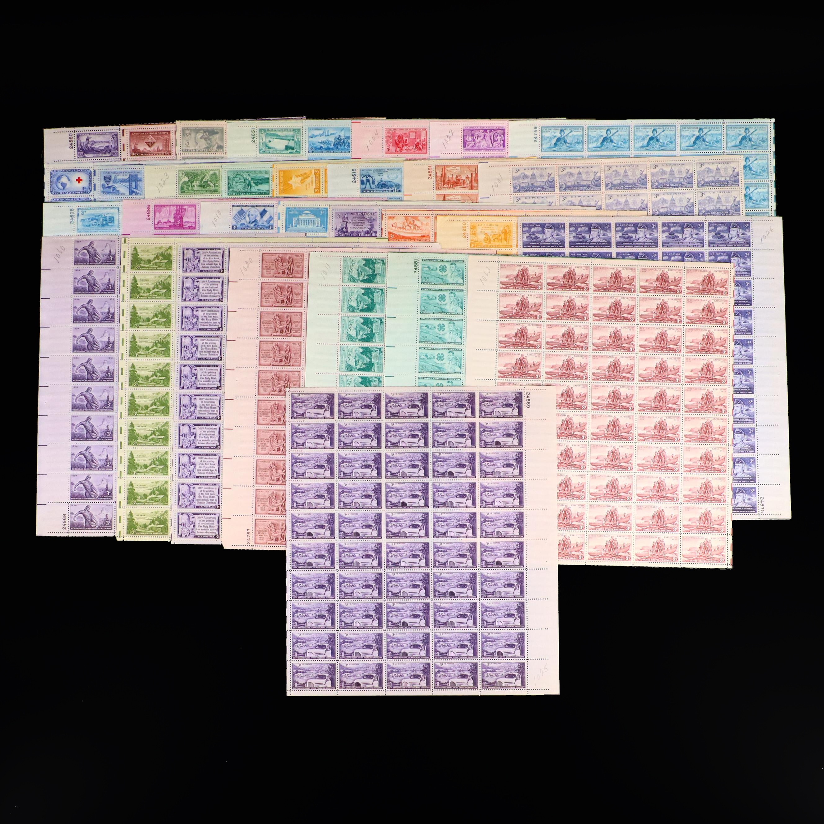 Fifty-Three Mint Sheets of Three Cent Stamps, 1940s and 1950s