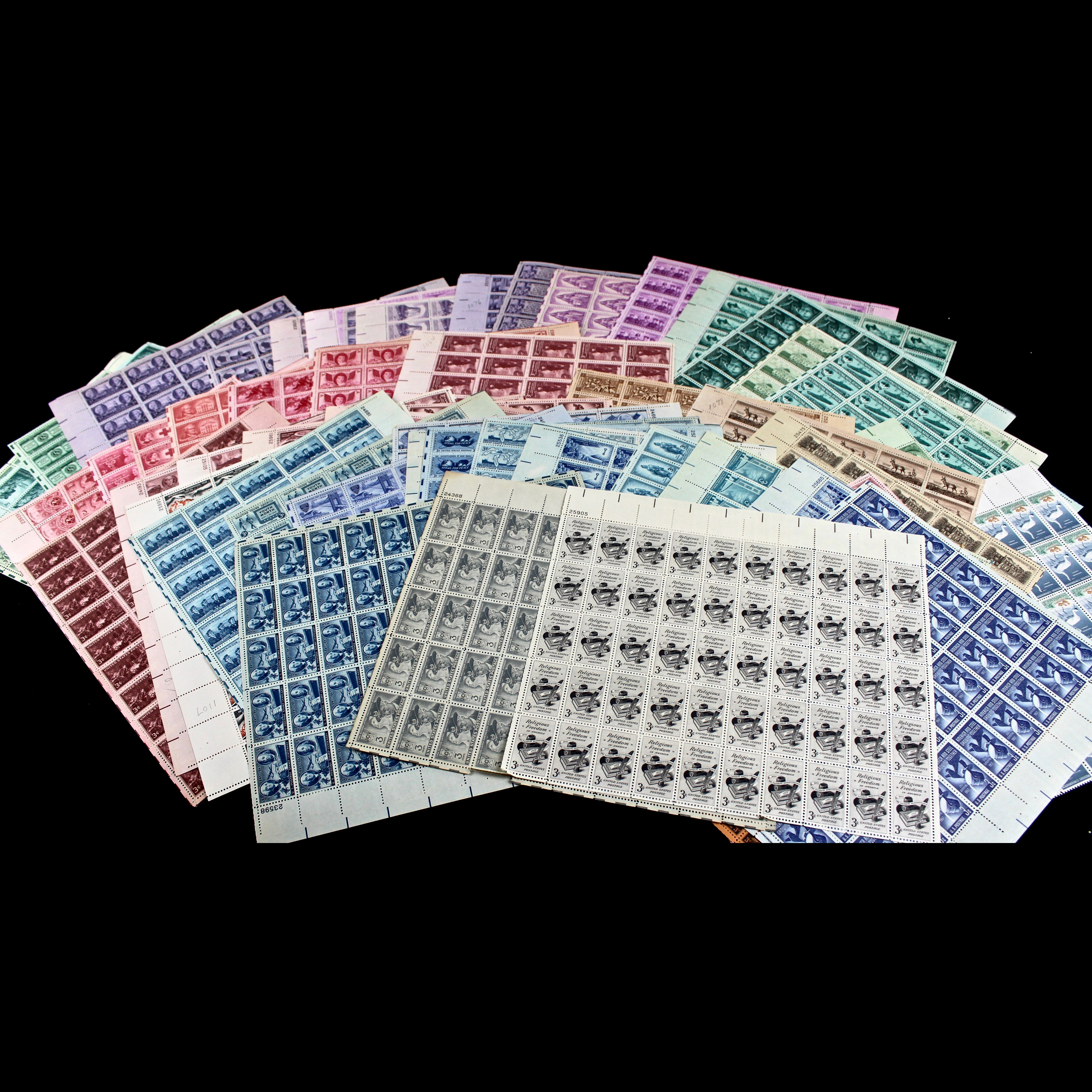 Group of Thirty-Two Sheets of Three Cent Stamps, 1940s and 1950s