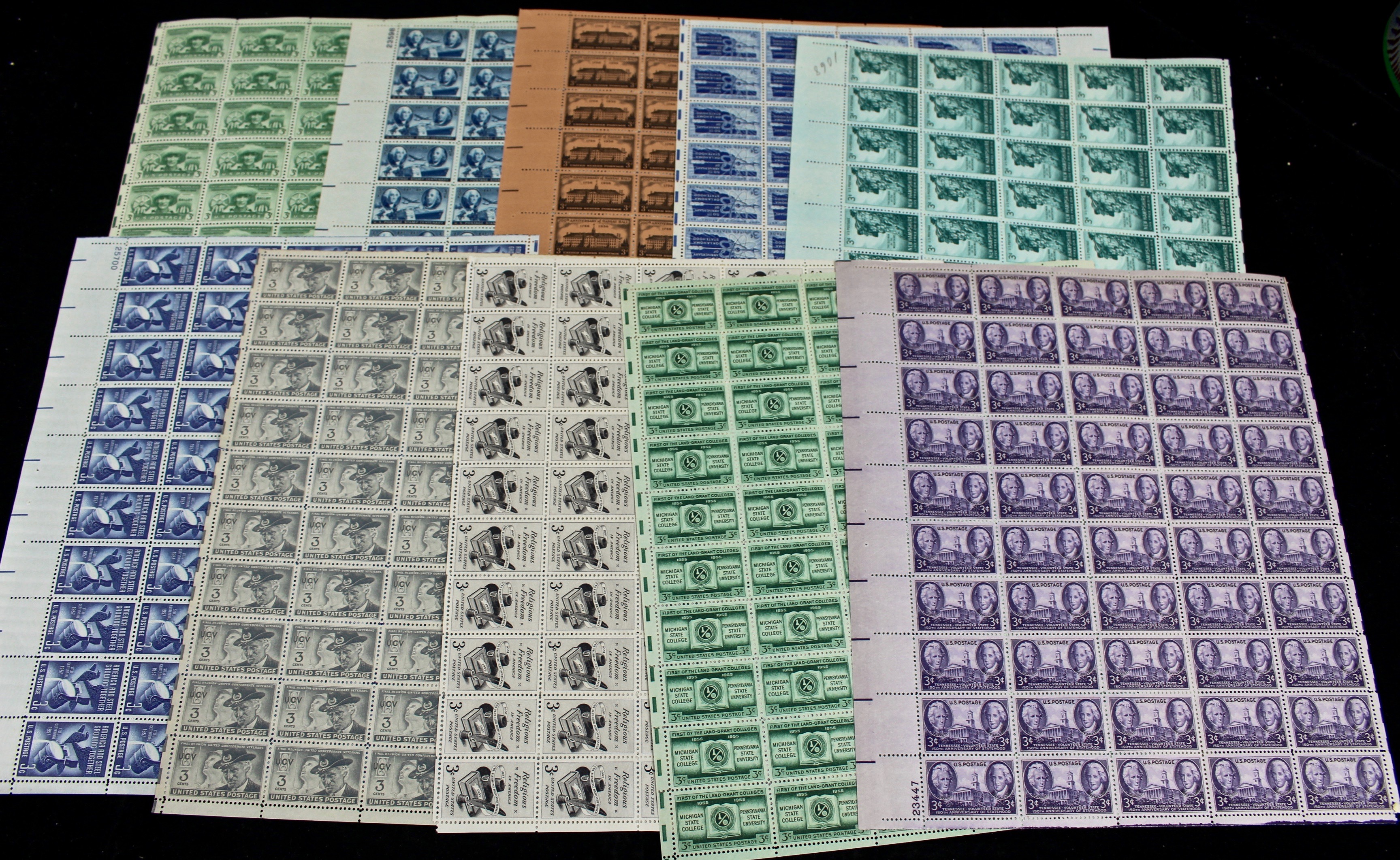 Group of Thirty-Two Sheets of Three Cent Stamps, 1940s and 1950s