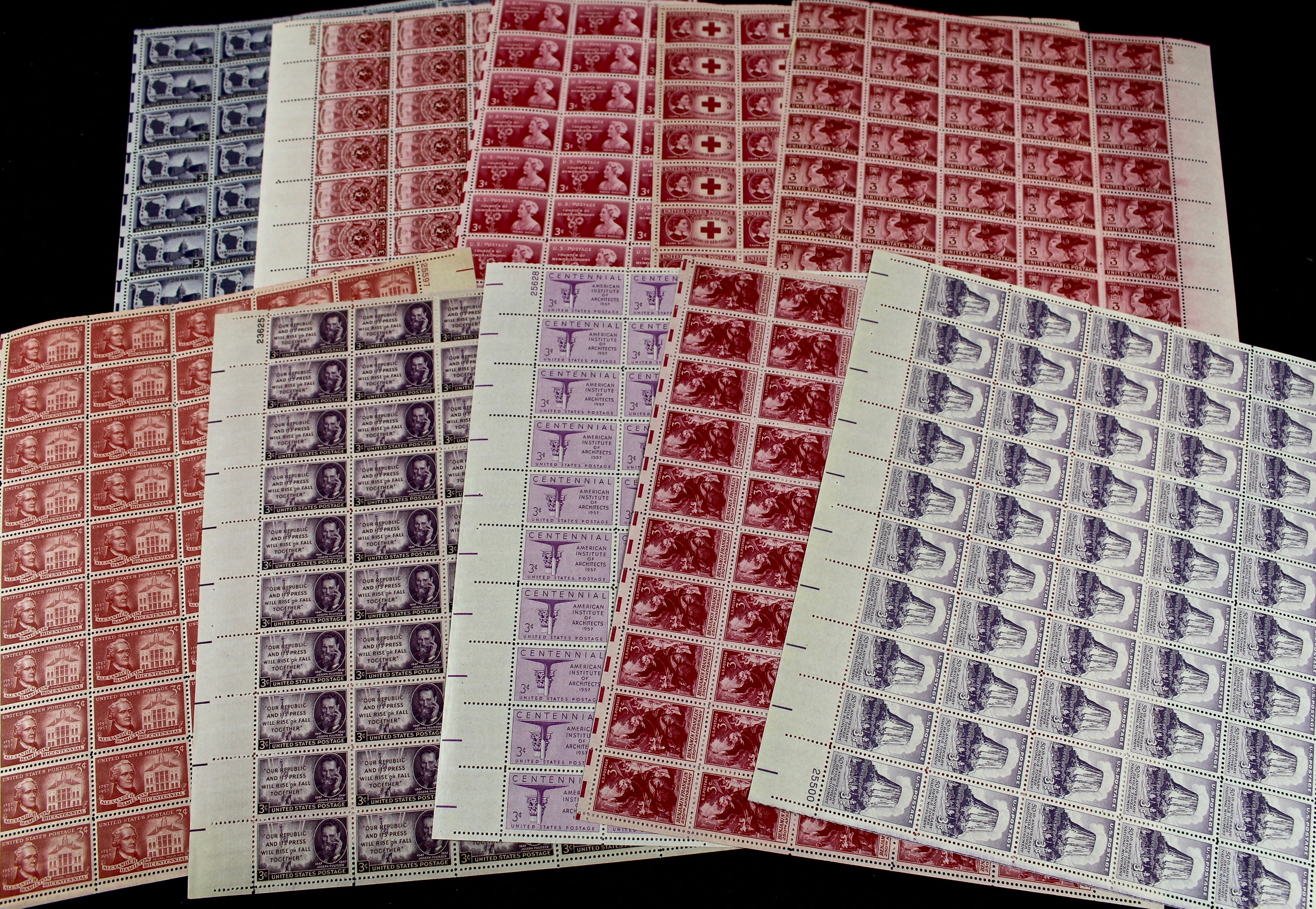 Group of Thirty-Two Sheets of Three Cent Stamps, 1940s and 1950s
