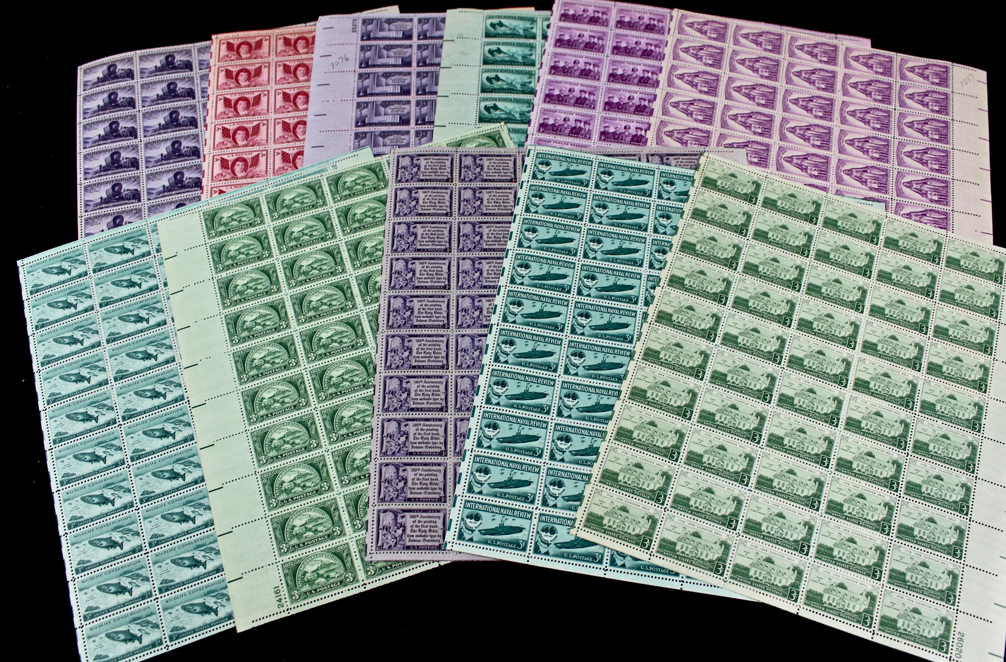 Group of Thirty-Two Sheets of Three Cent Stamps, 1940s and 1950s