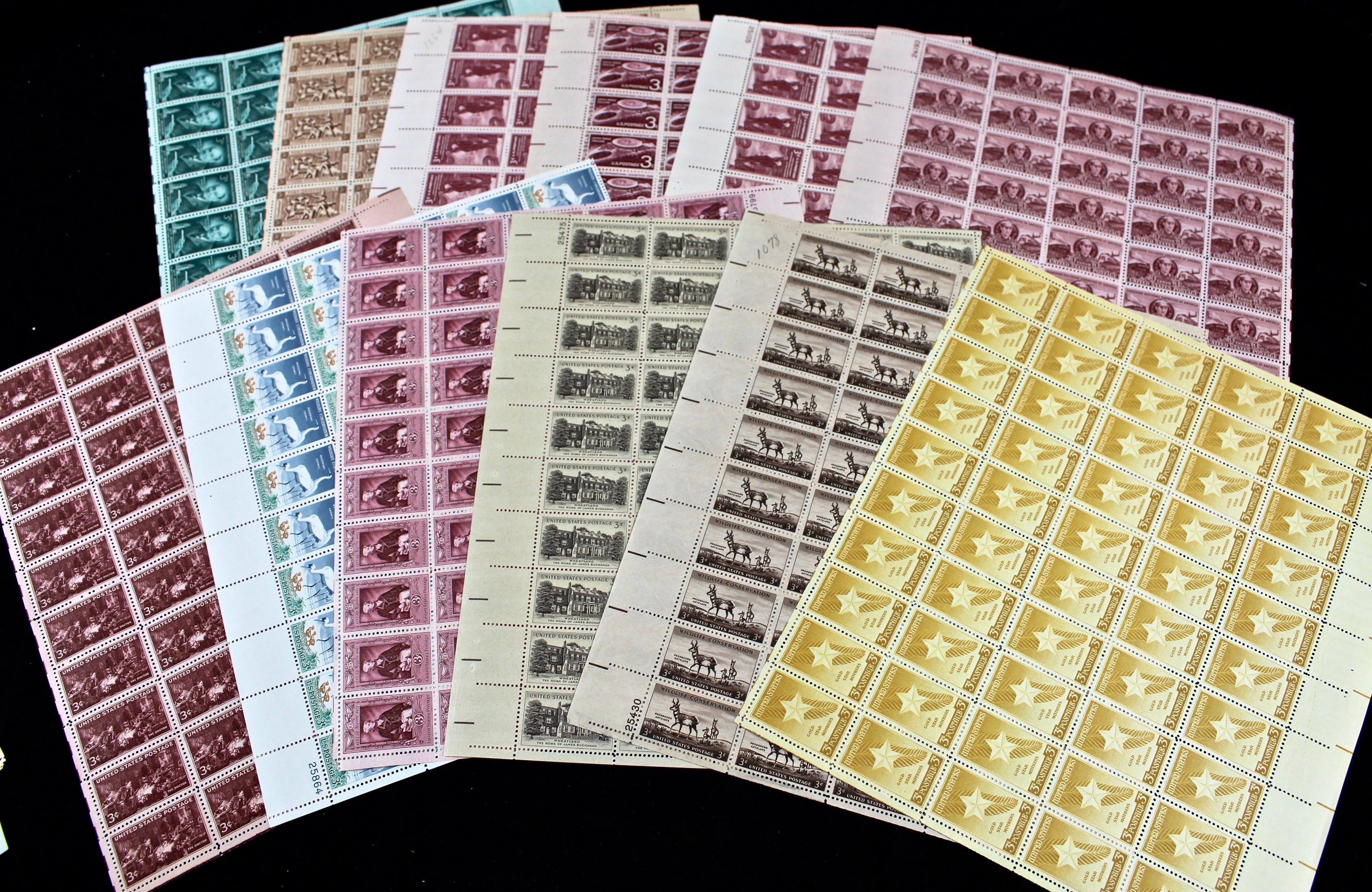 Group of Thirty-Two Sheets of Three Cent Stamps, 1940s and 1950s