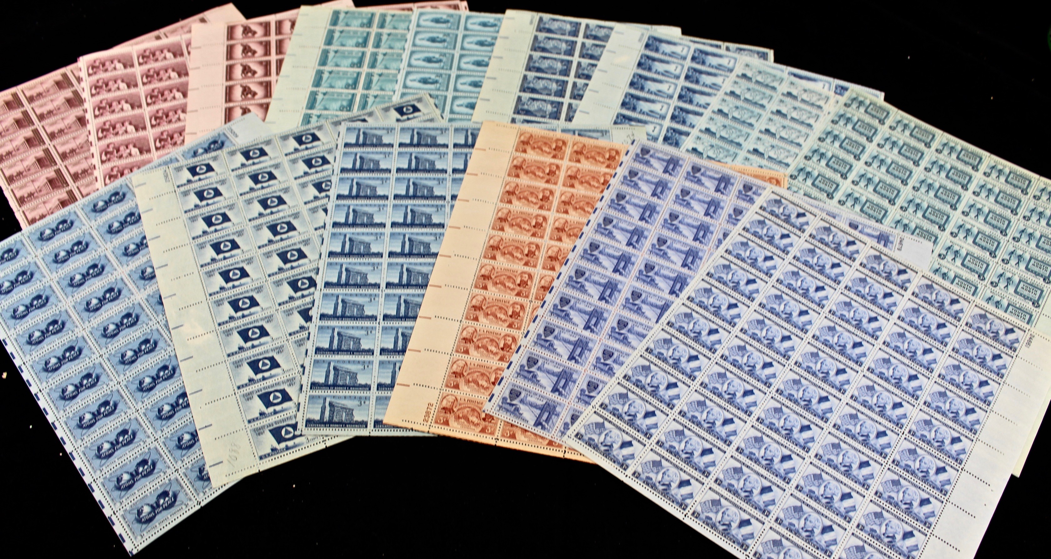 Group of Thirty-Two Sheets of Three Cent Stamps, 1940s and 1950s