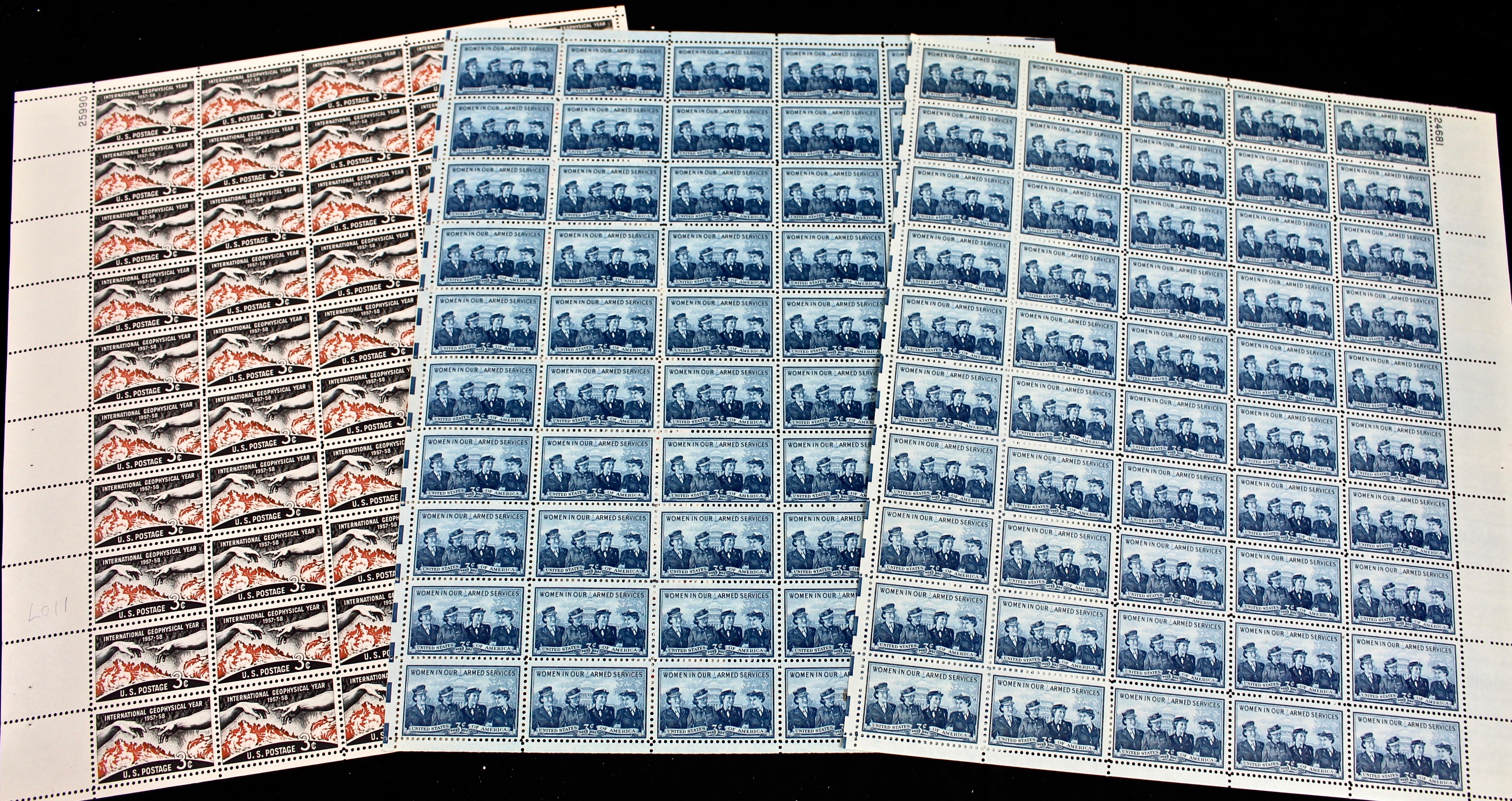 Group of Thirty-Two Sheets of Three Cent Stamps, 1940s and 1950s