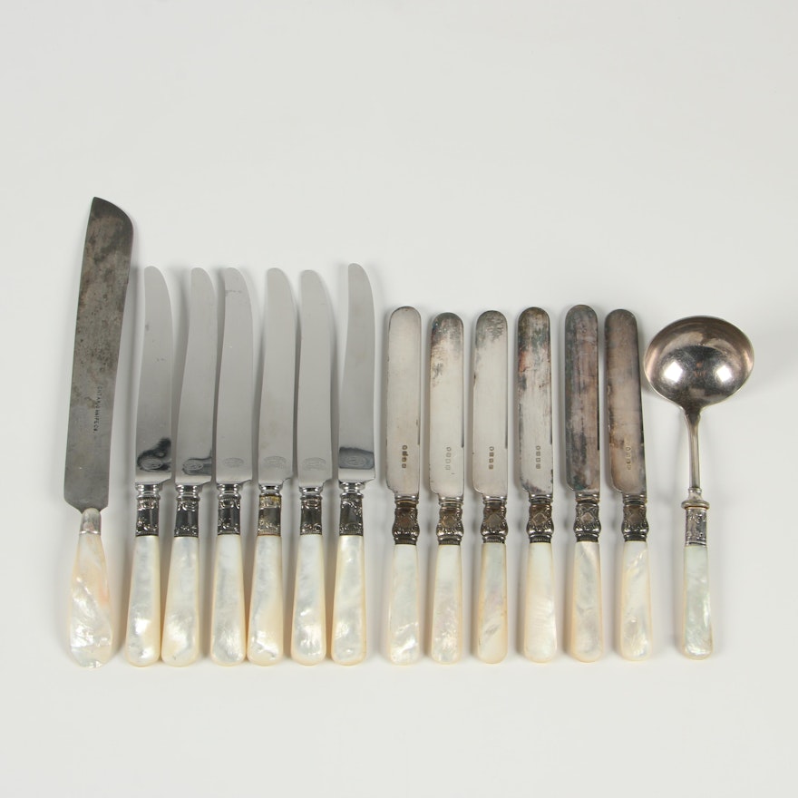 Sterling Silver and Stainless Steel Knives with Mother-of-Pearl Handles