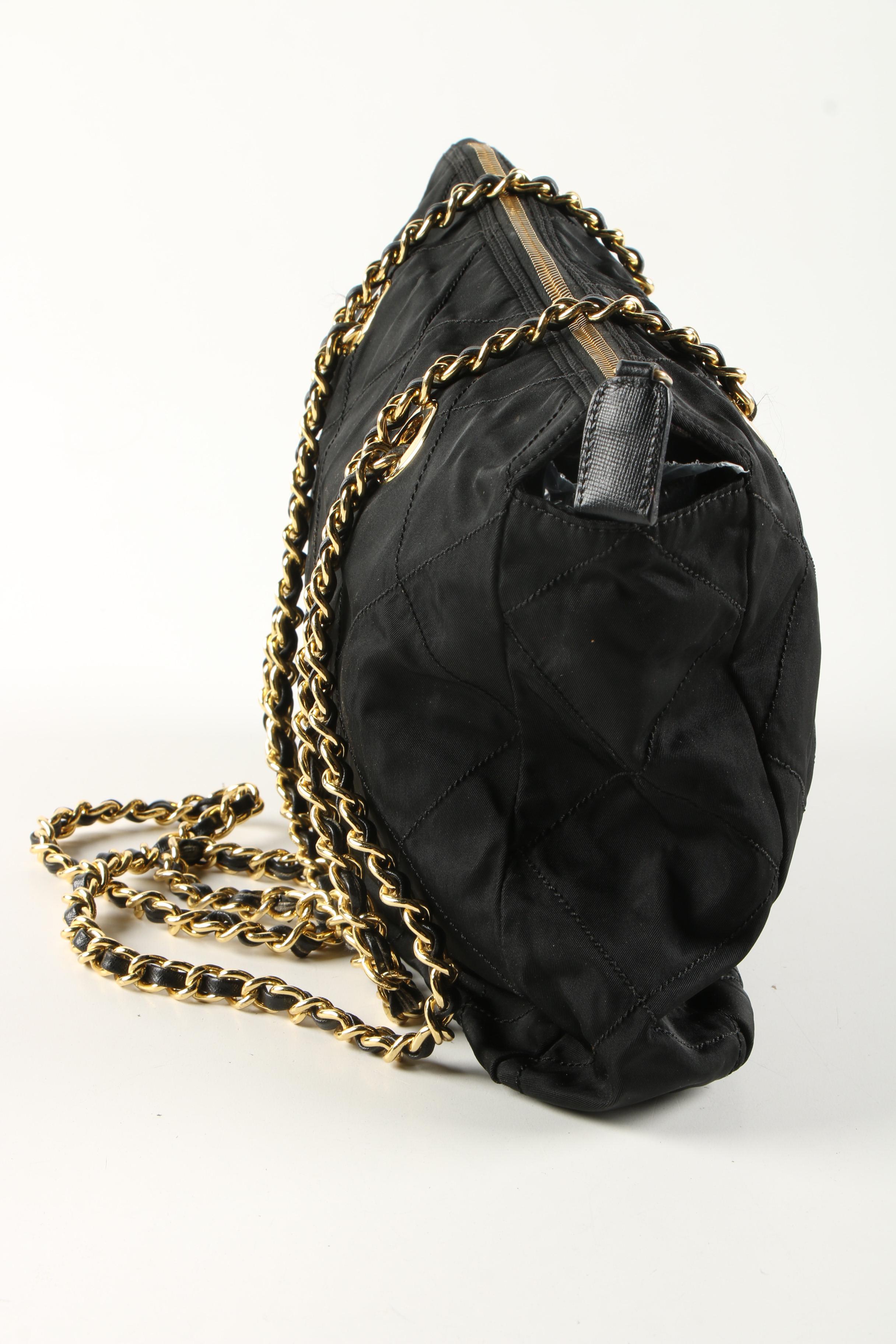 Prada Black Quilted Nylon Shoulder Bag with Gold Tone Chain and Leather Strap