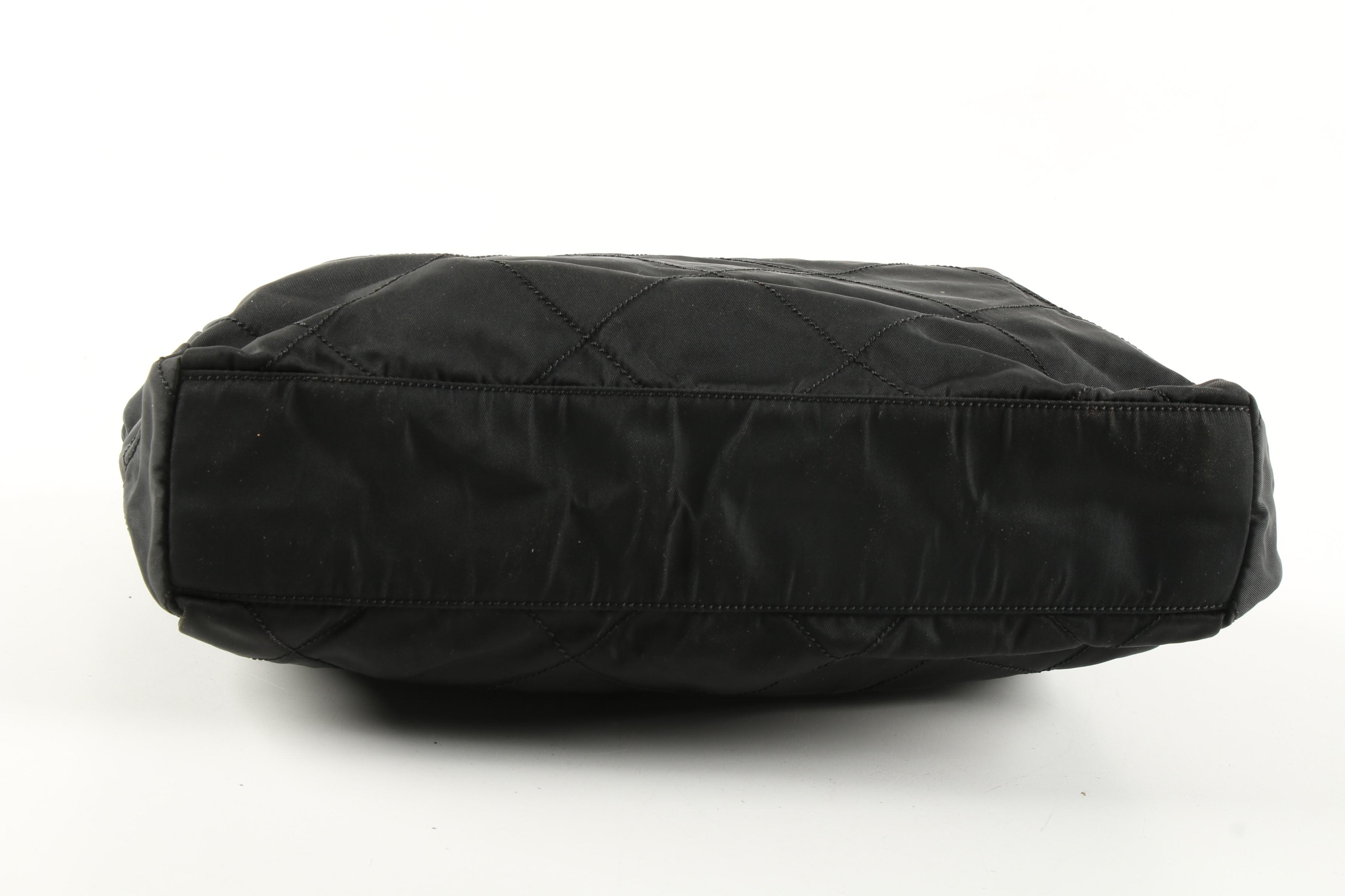 Prada Black Quilted Nylon Shoulder Bag with Gold Tone Chain and Leather Strap