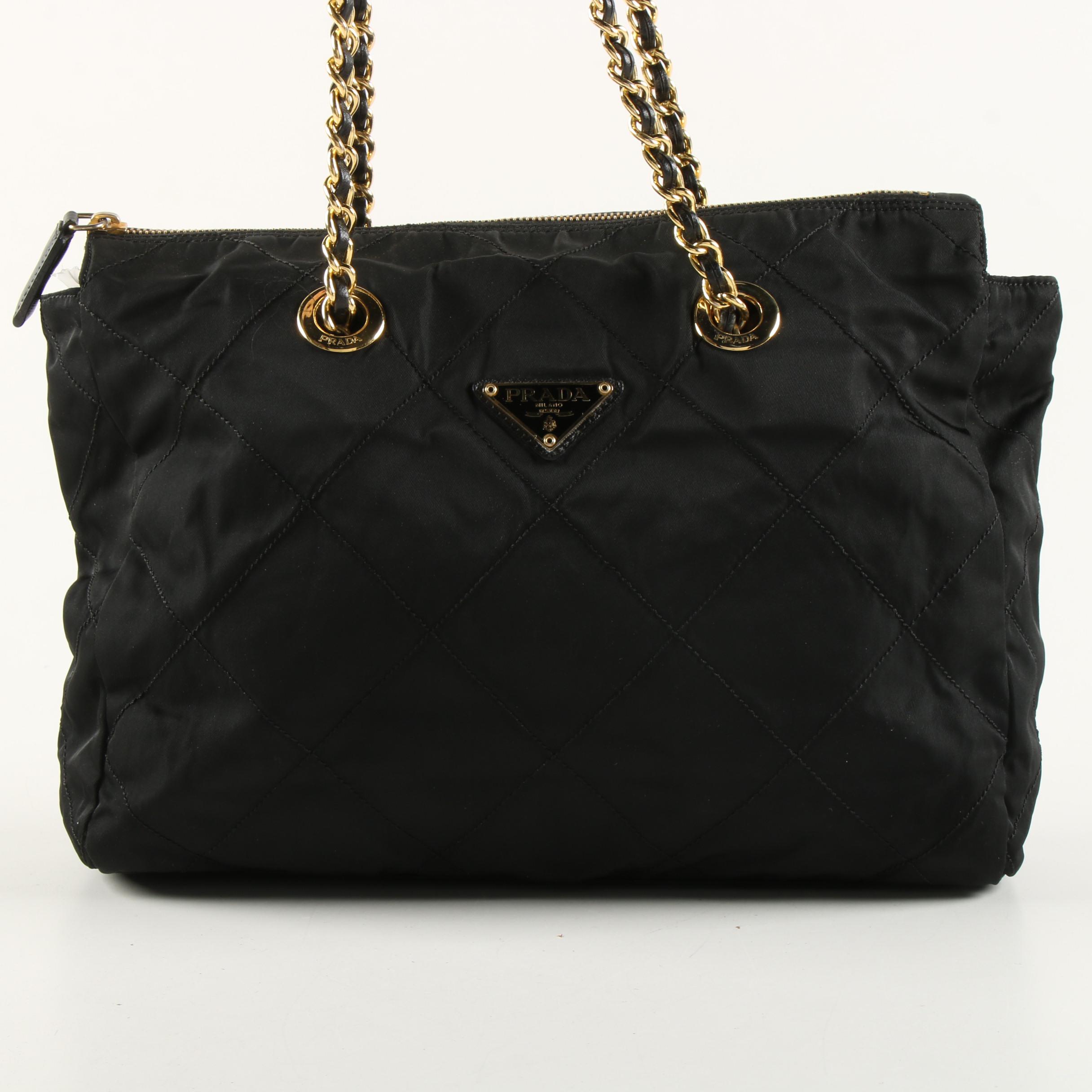 Prada Black Quilted Nylon Shoulder Bag with Gold Tone Chain and Leather Strap
