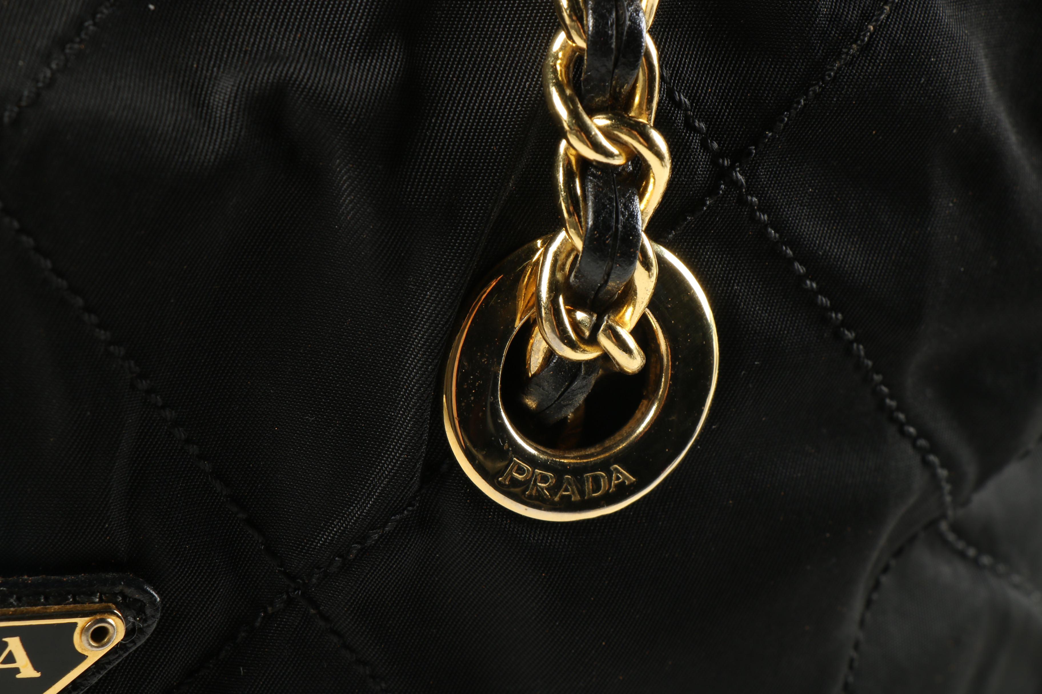 Prada Black Quilted Nylon Shoulder Bag with Gold Tone Chain and Leather Strap