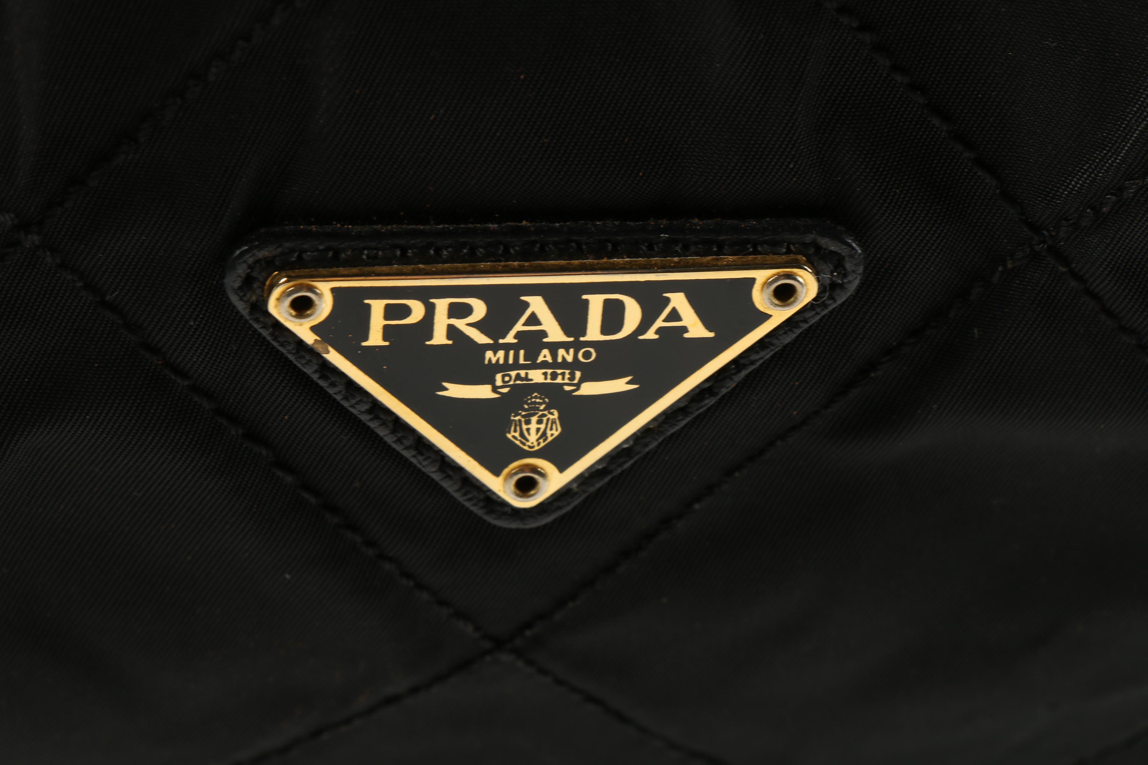 Prada Black Quilted Nylon Shoulder Bag with Gold Tone Chain and Leather Strap