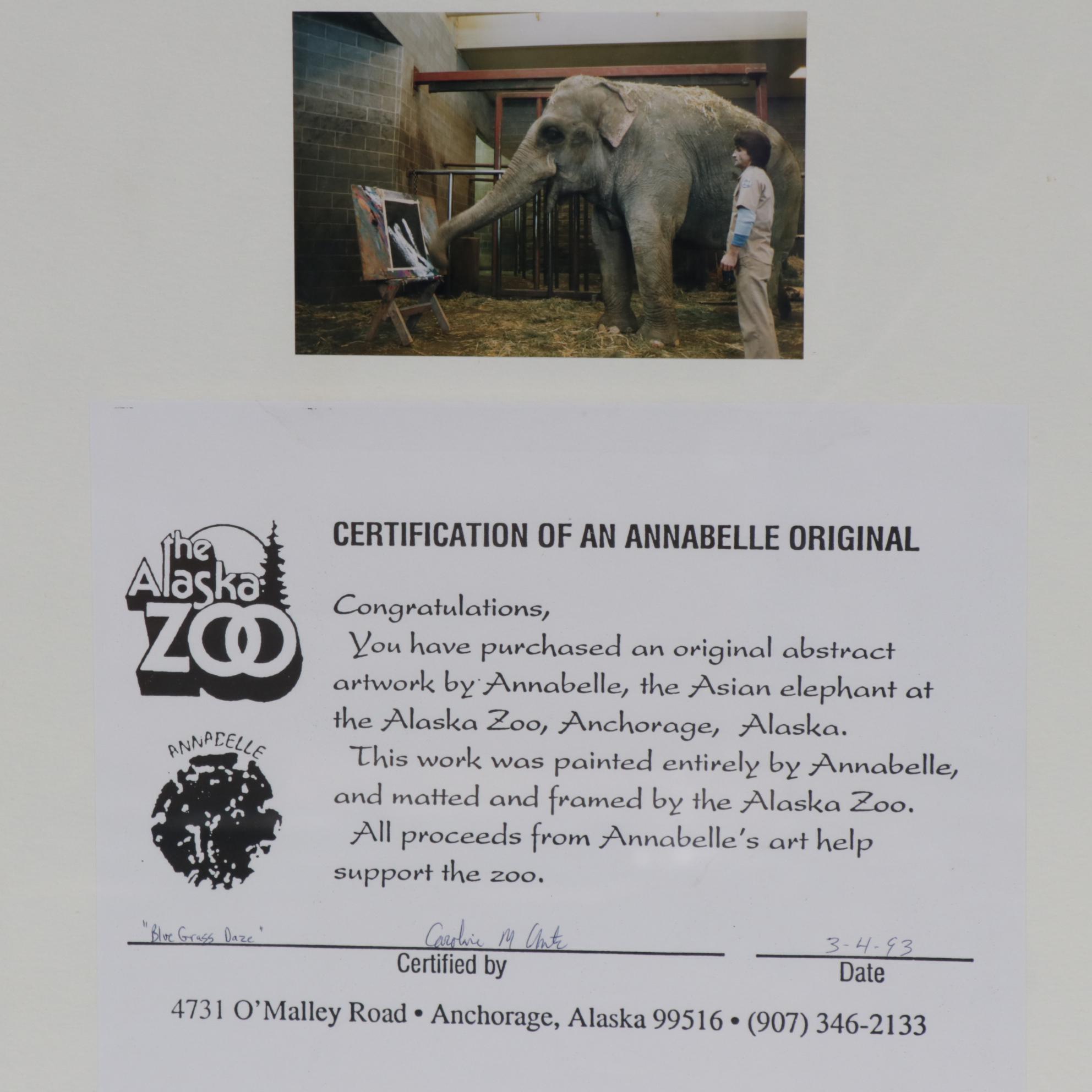 Annabelle the Elephant Acrylic Painting "Blue Grass Daze," circa 1993