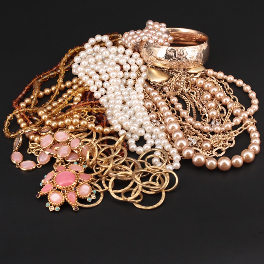 Assorted Bracelets and Necklaces Featuring Cultured Pearls, Rhinestones and More