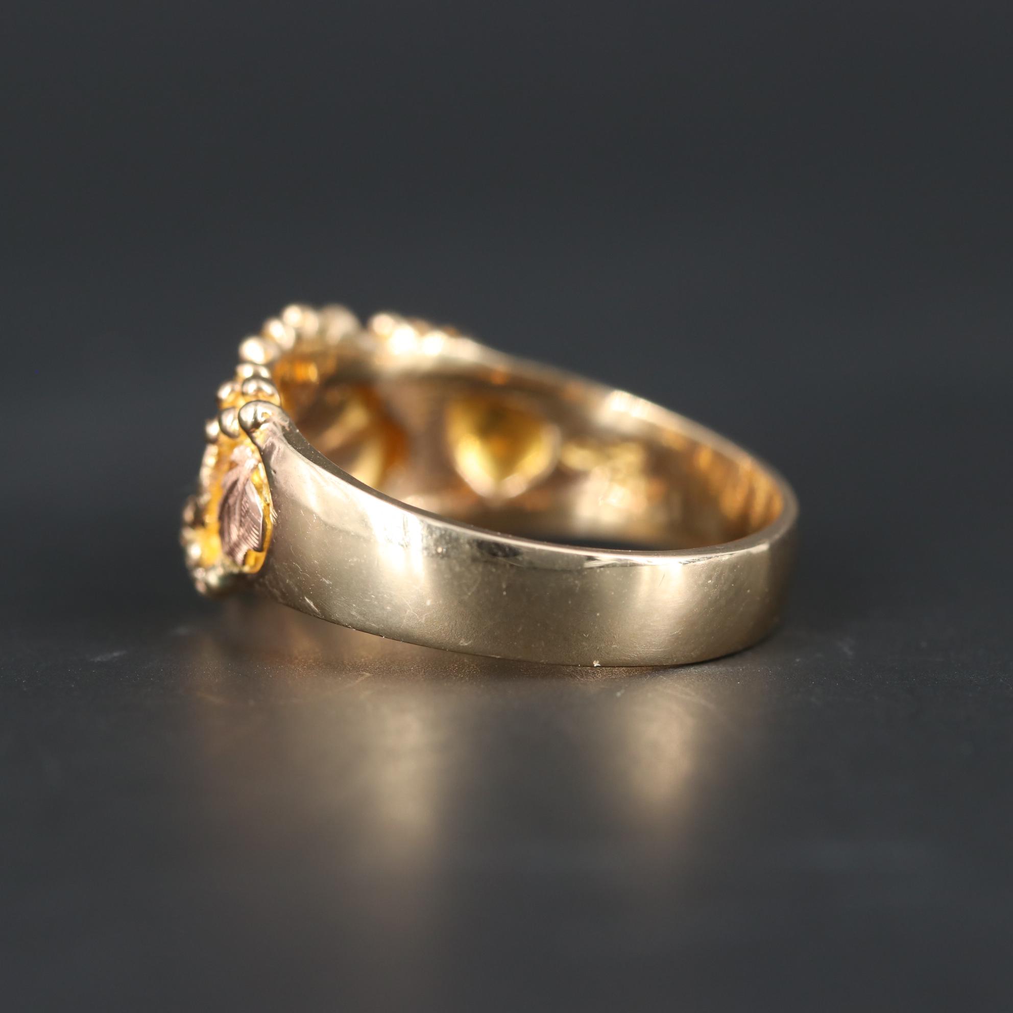 10K Yellow Gold Leaf Motif Ring With 10K Green and Rose Accents