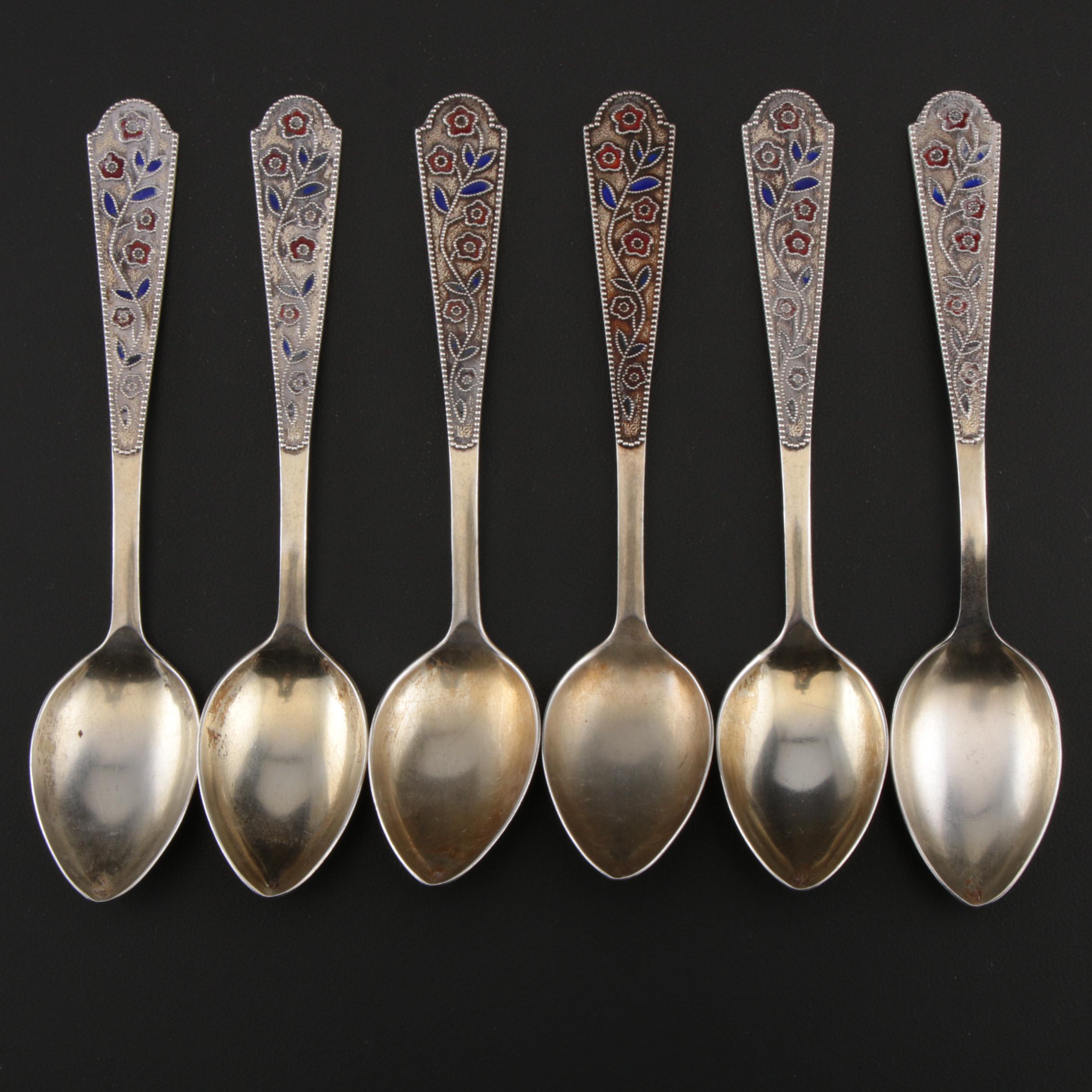 Soviet Russian 875 Silver and Enamel Teaspoons, 1958-1985