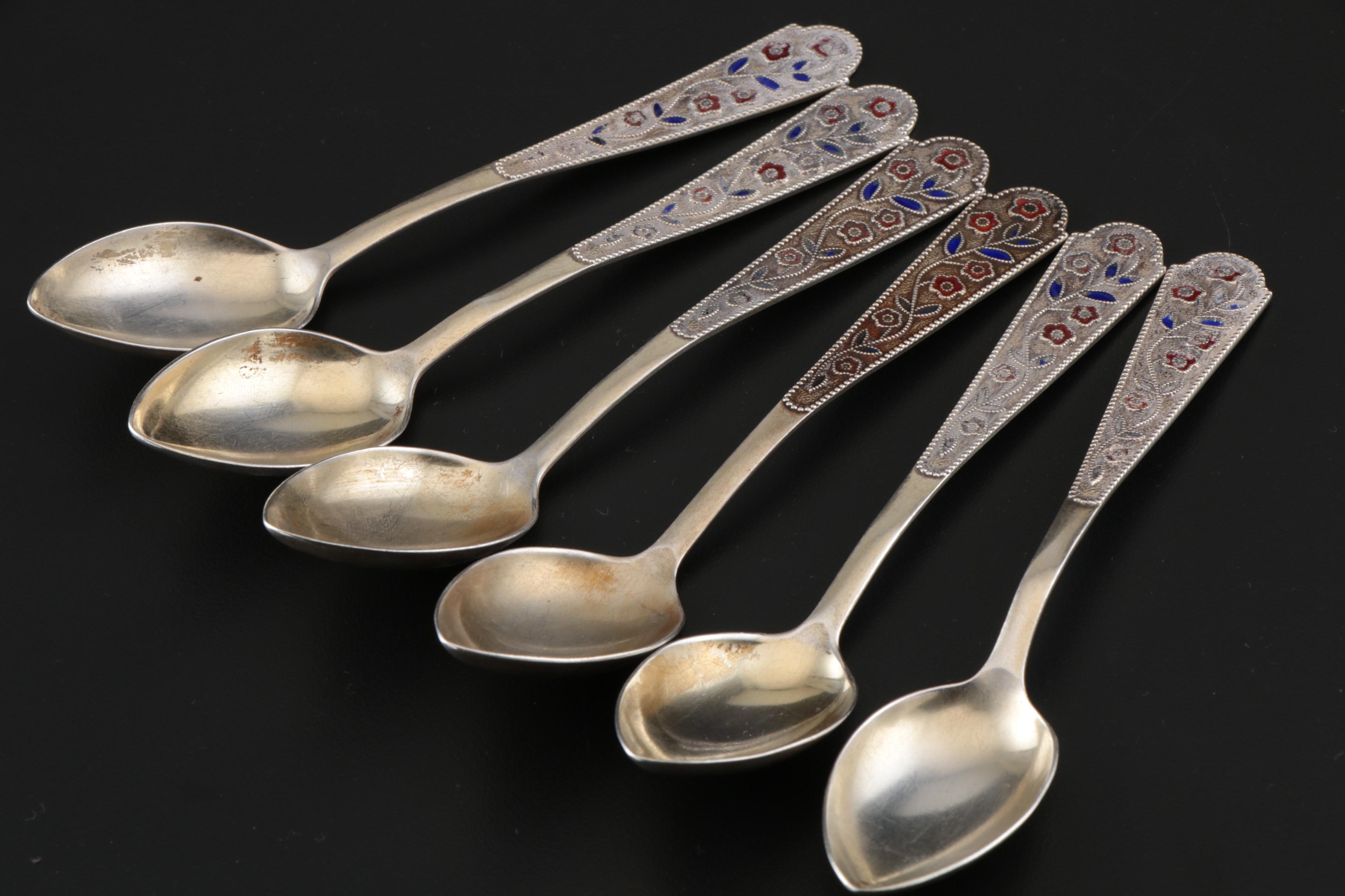 Soviet Russian 875 Silver and Enamel Teaspoons, 1958-1985