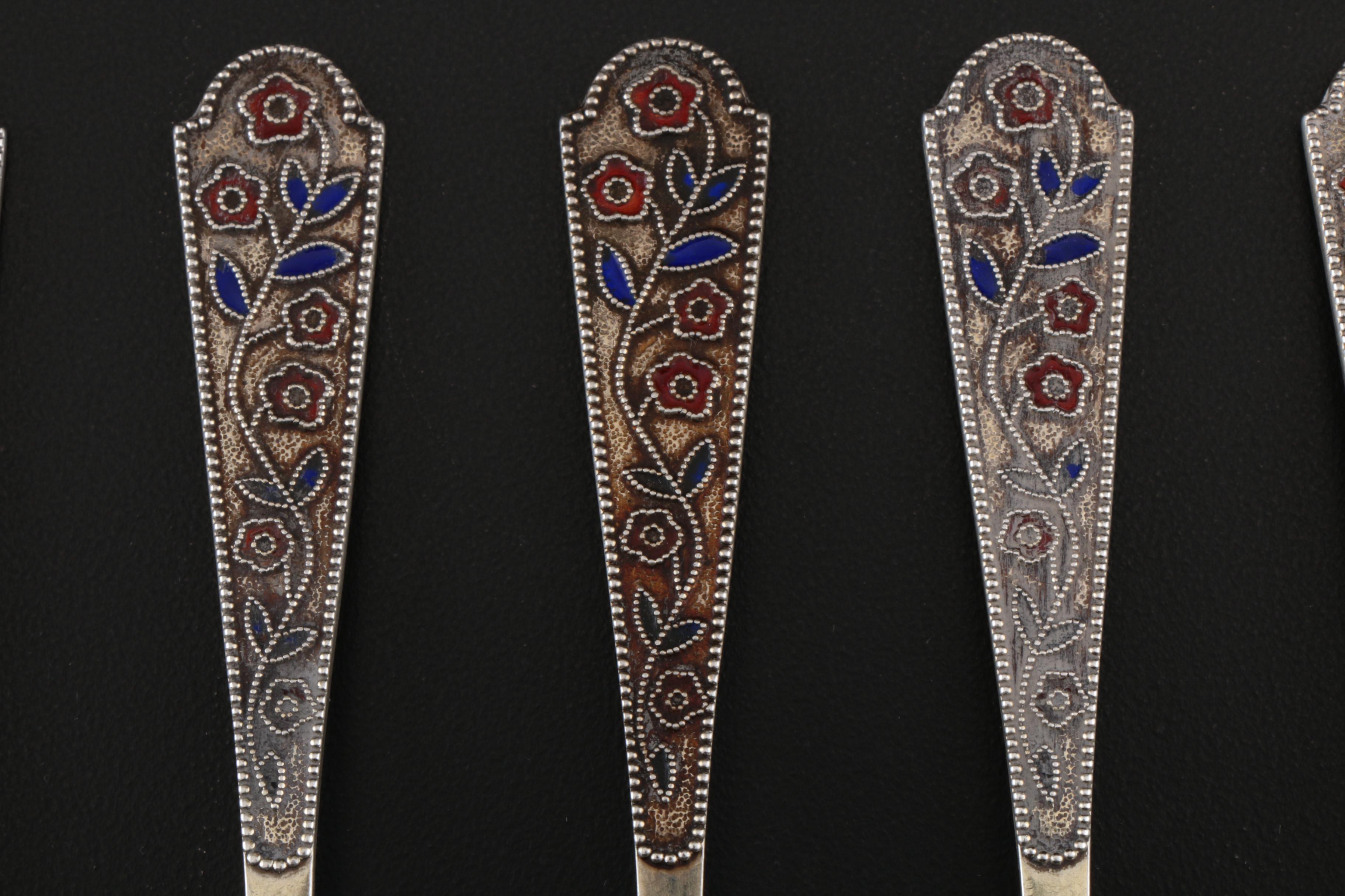 Soviet Russian 875 Silver and Enamel Teaspoons, 1958-1985