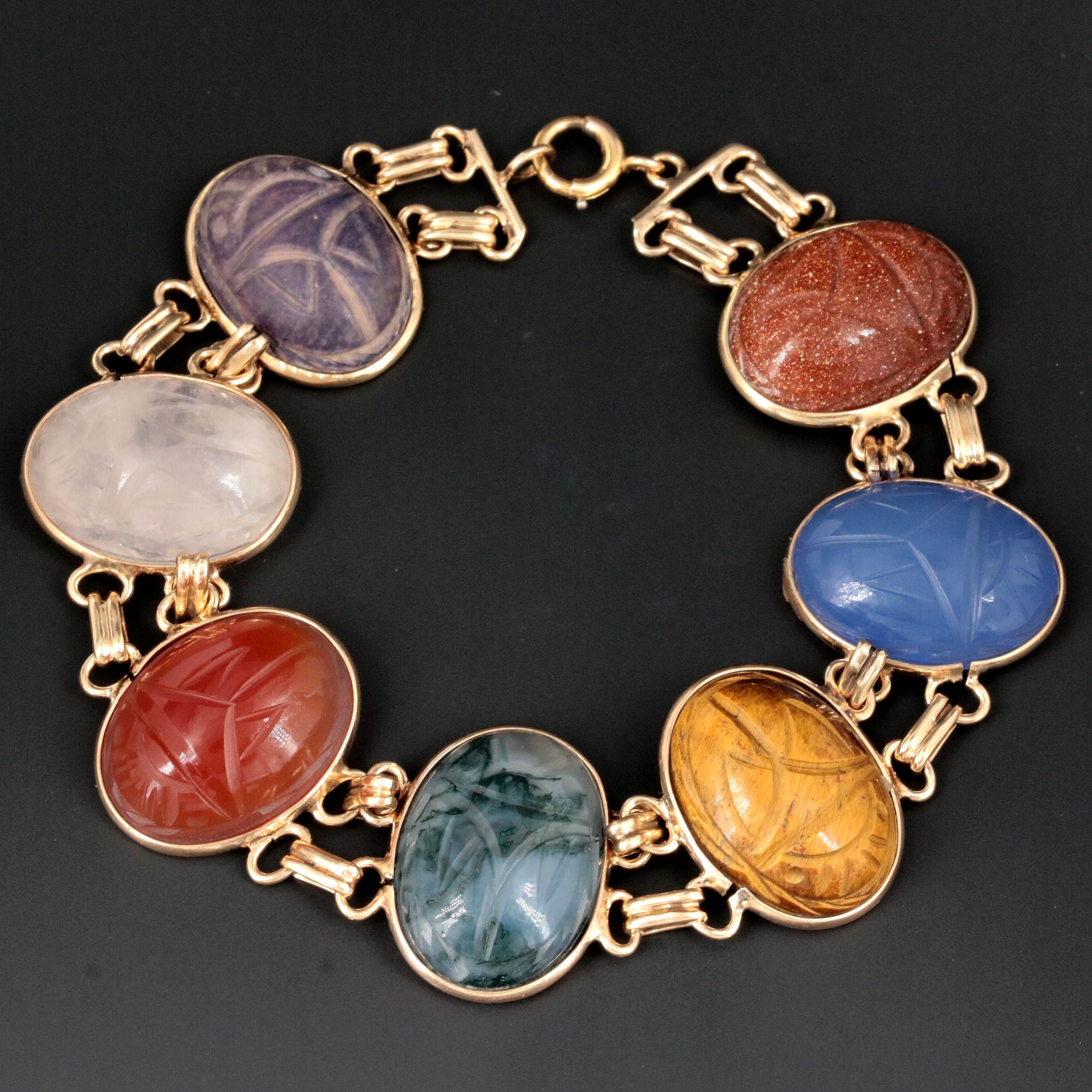 14K Yellow Gold Carnelian, Quartz, Agate and Gemstone Scarab Link Bracelet