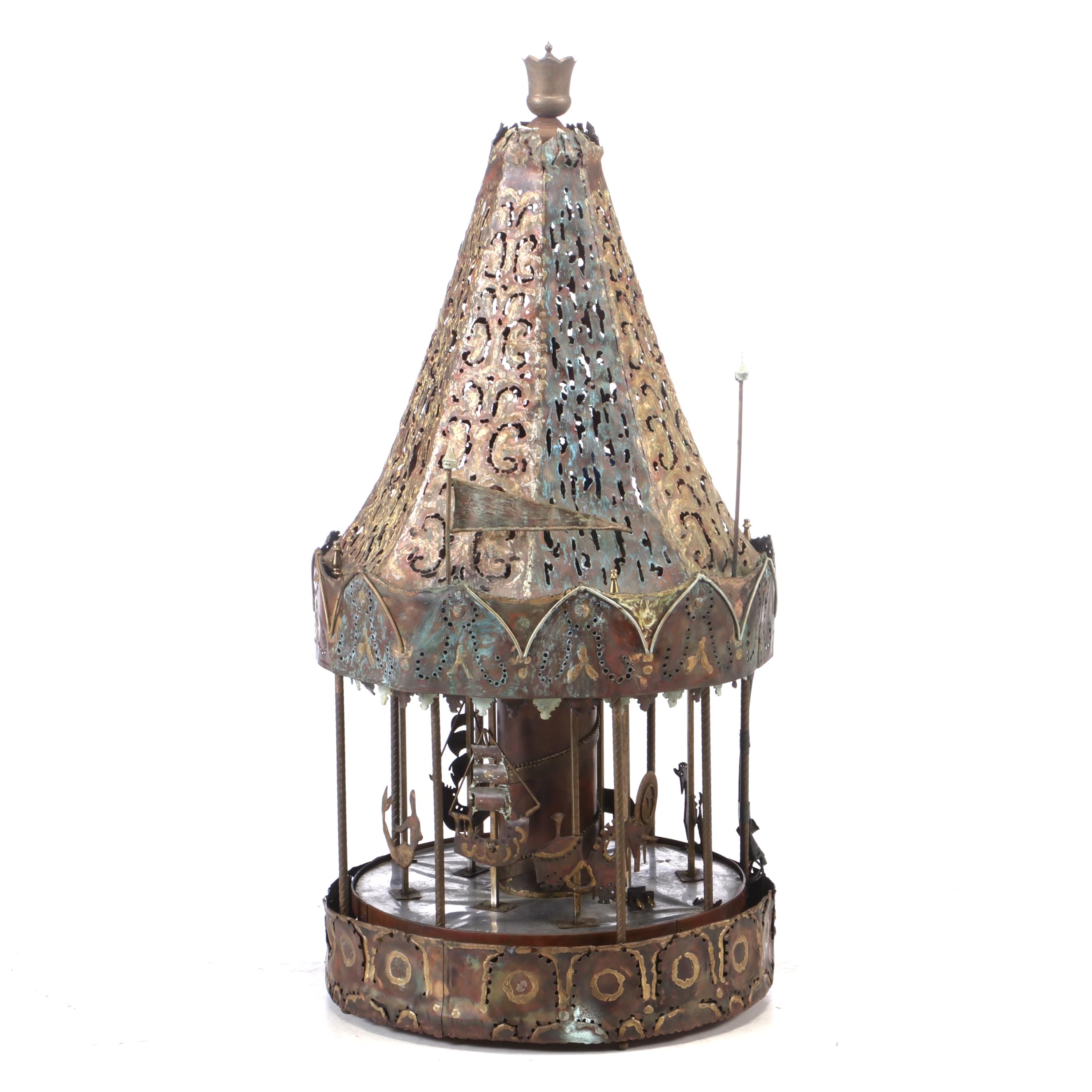Artisan Hand Built Illuminated & Rotating Metal Carousel, Circa 1960