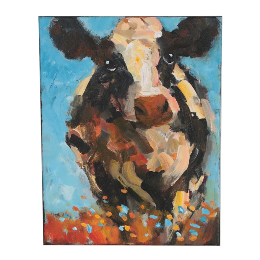 Elle Raines Acrylic Painting of Cow