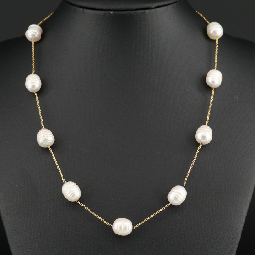 14K Yellow Gold Cultured Pearl Station Necklace