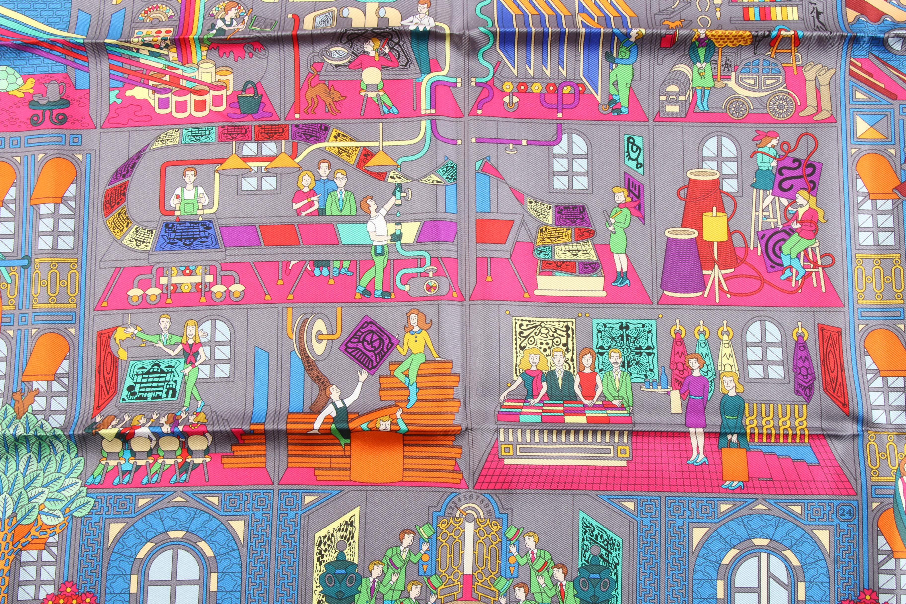 Hermès "La Maison des Carrès" Silk Twill Scarf Designed by Pierre Marie