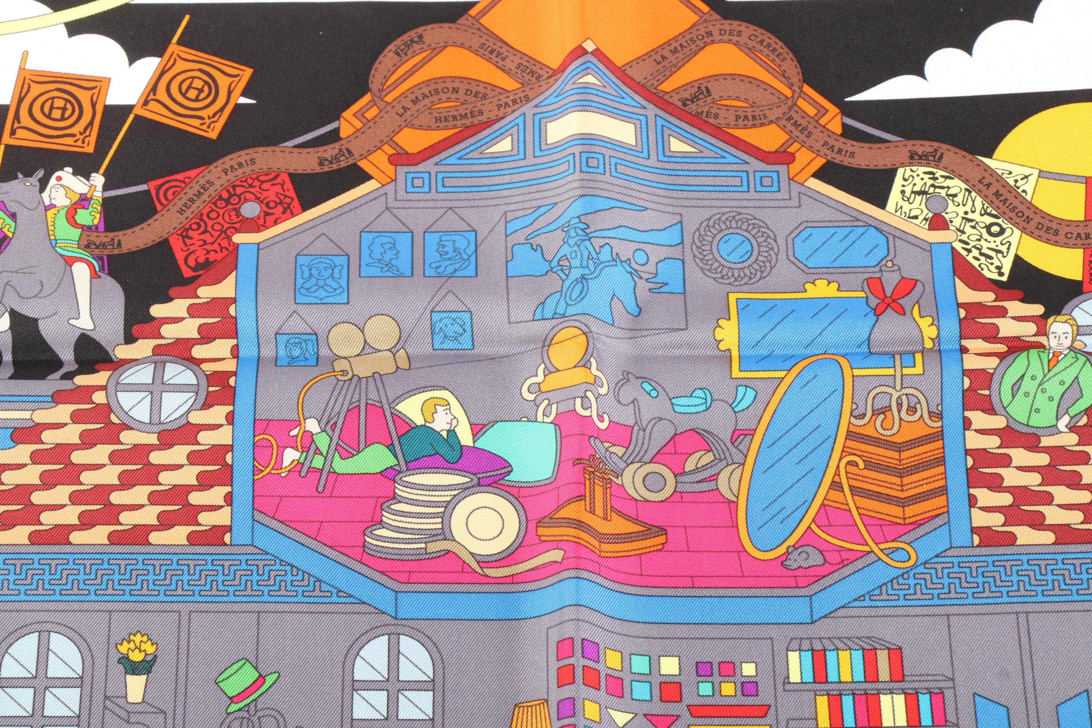 Hermès "La Maison des Carrès" Silk Twill Scarf Designed by Pierre Marie