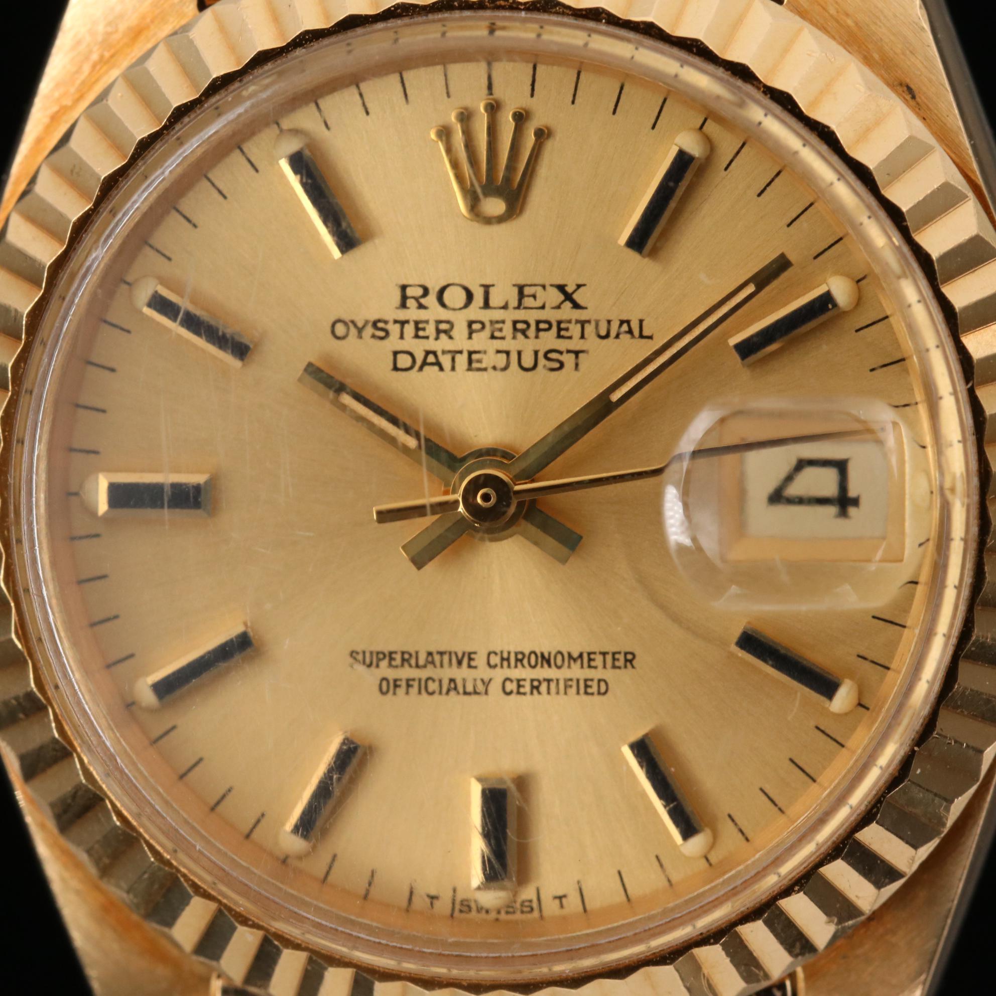 Vintage Rolex Datejust 18K Yellow Gold Watch with Bark Finish Bracelet