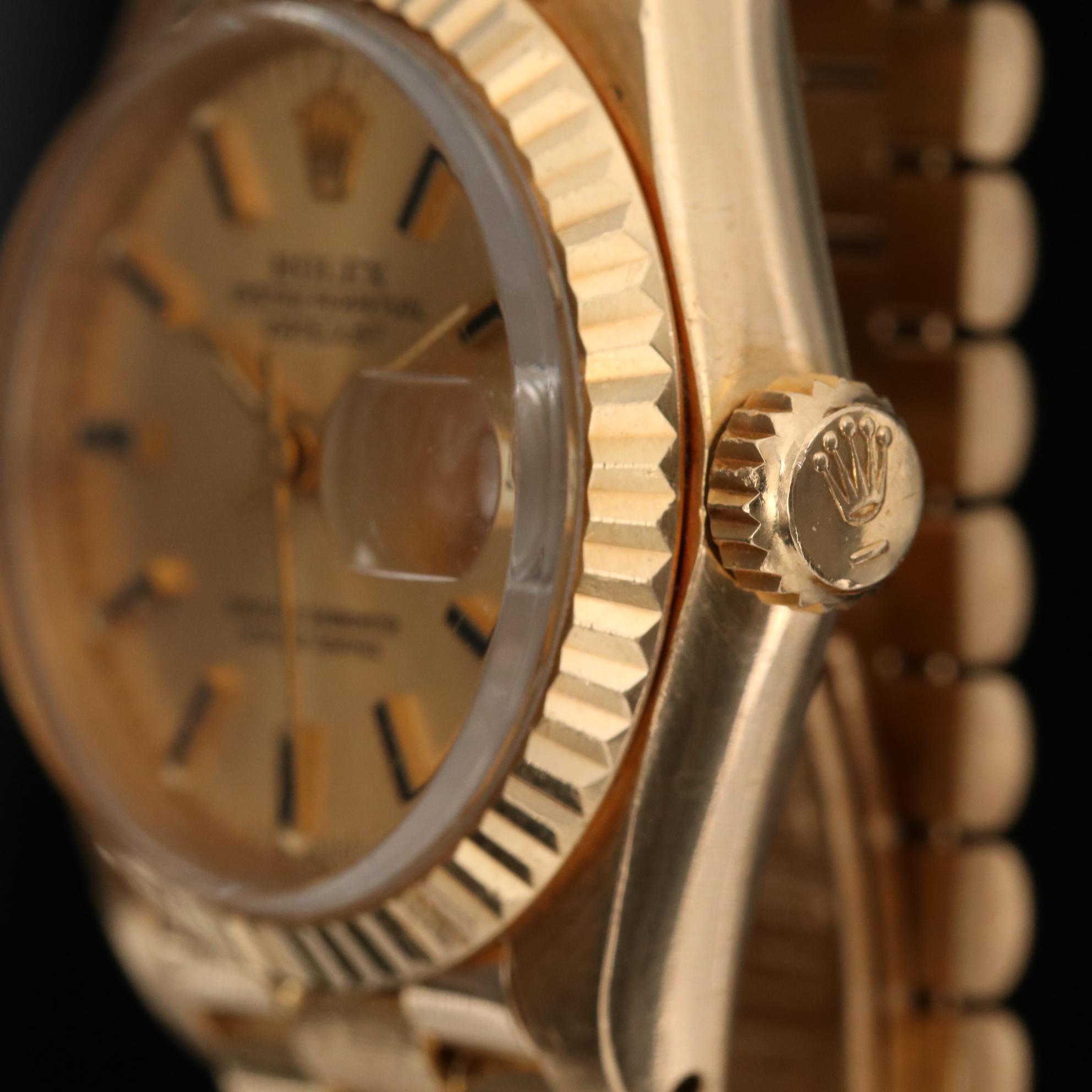 Vintage Rolex Datejust 18K Yellow Gold Watch with Bark Finish Bracelet